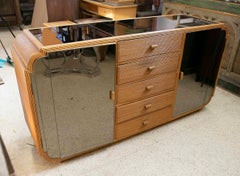 Credenza spagnola degli anni '70 in Wood e vimini con specchi originali