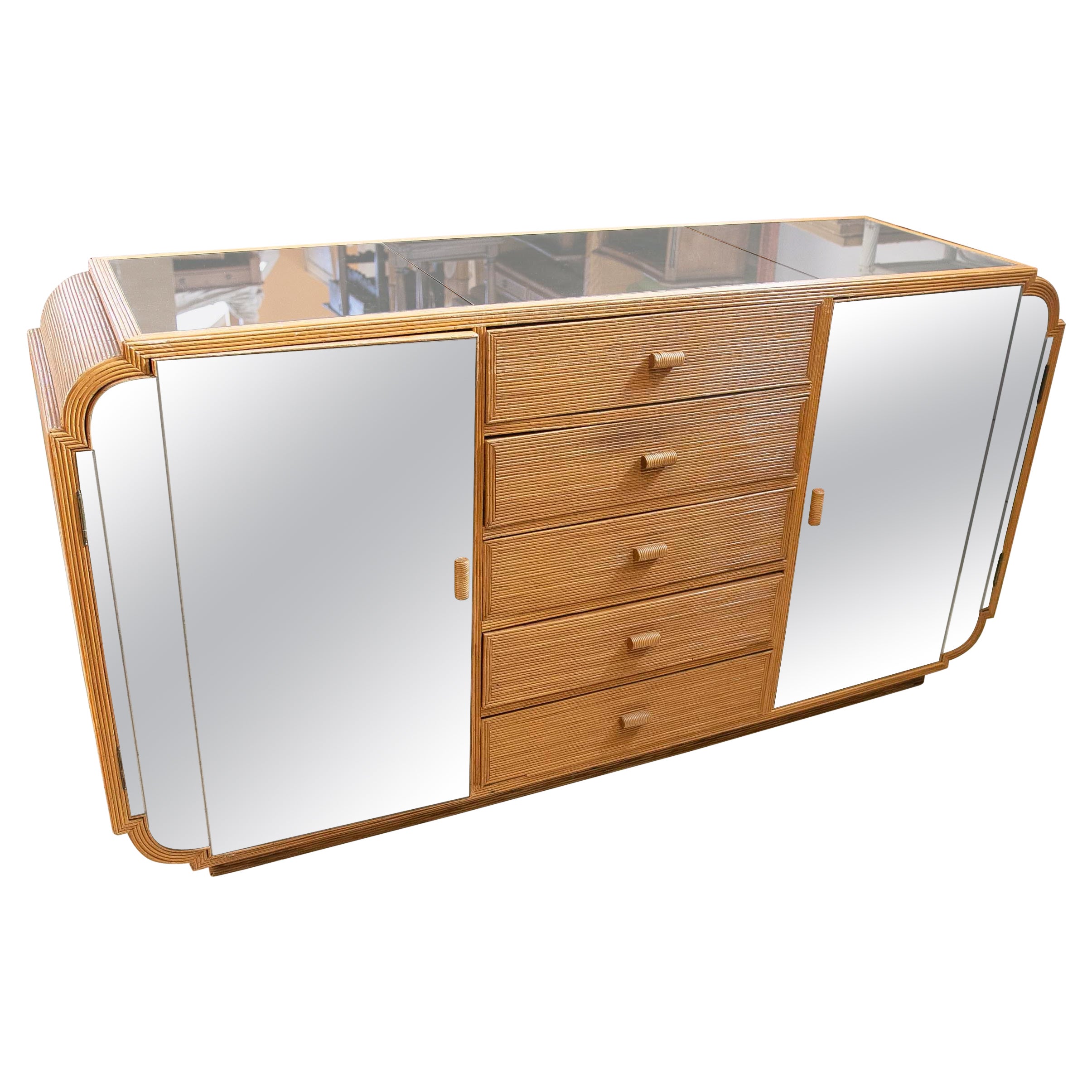 1970s Spanish Sideboard in Wood and Wicker with Original Mirrors