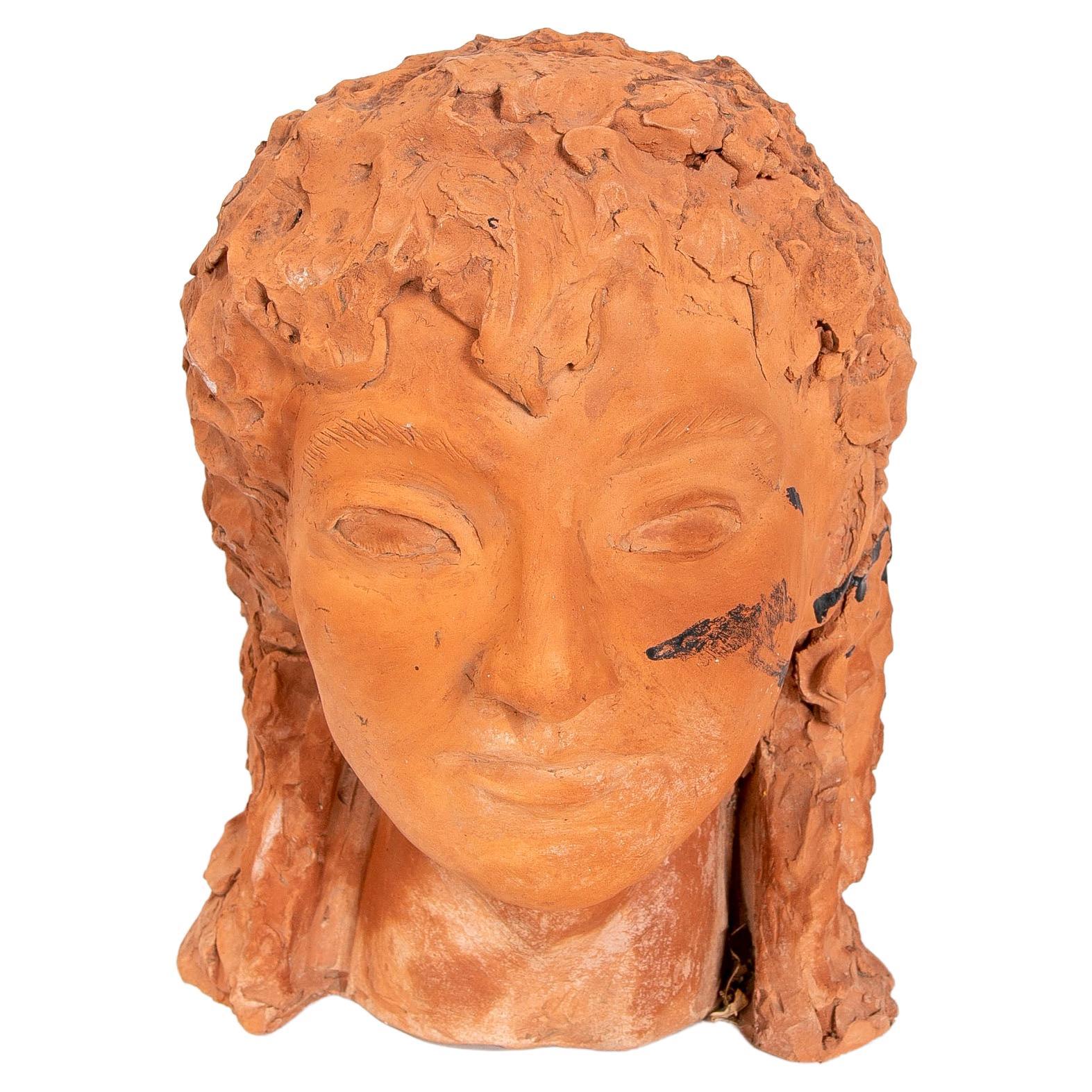 1970s Spanish Signed Terracotta Head For Sale