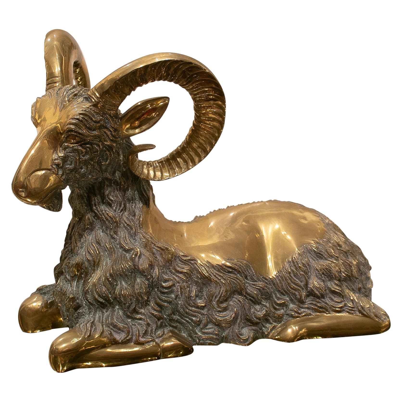 1970s Spanish Sitting Goat Bronze Figure Sculpture