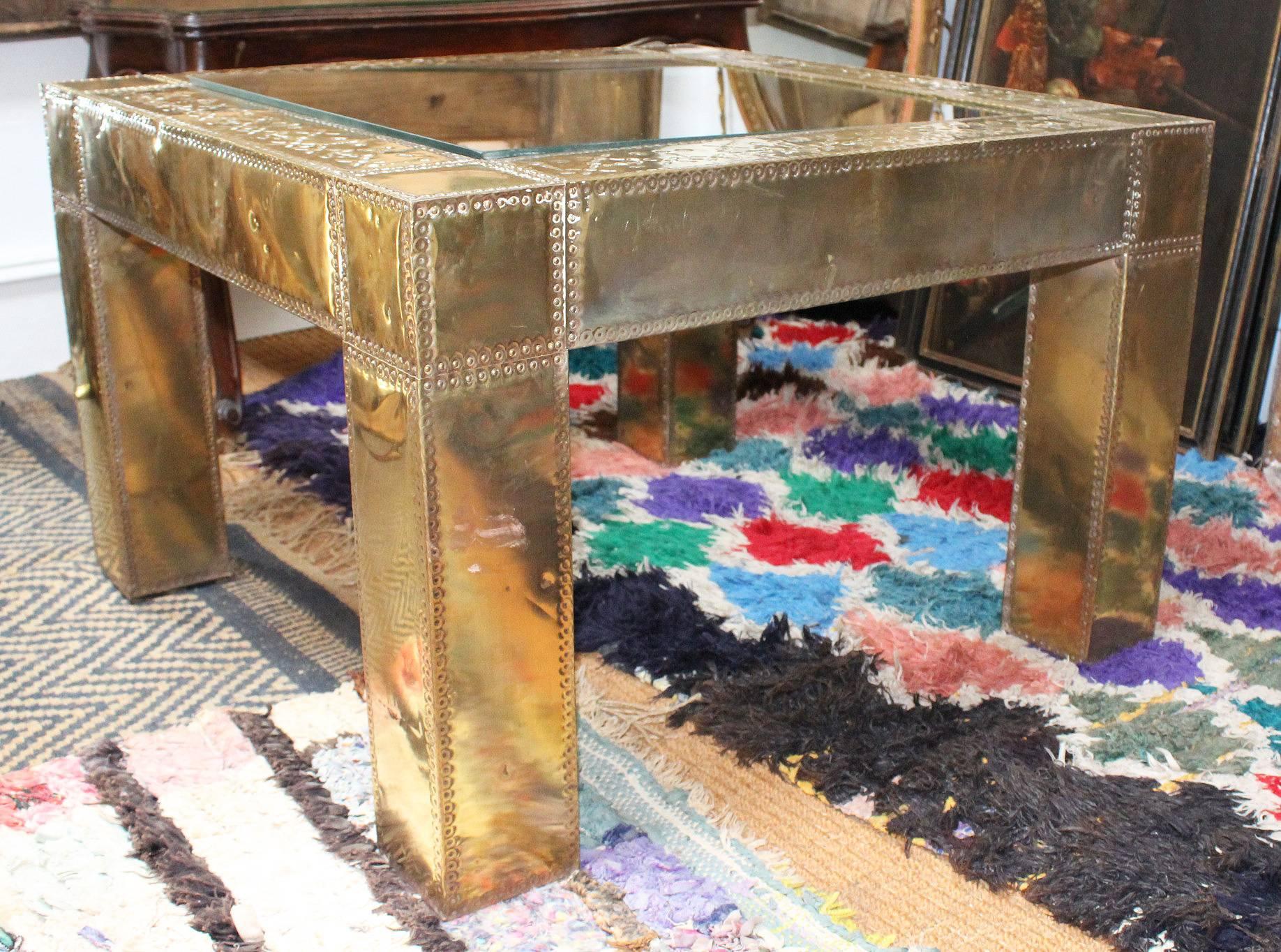 20th Century 1970s Spanish Square Brass and Glass Side Table For Sale