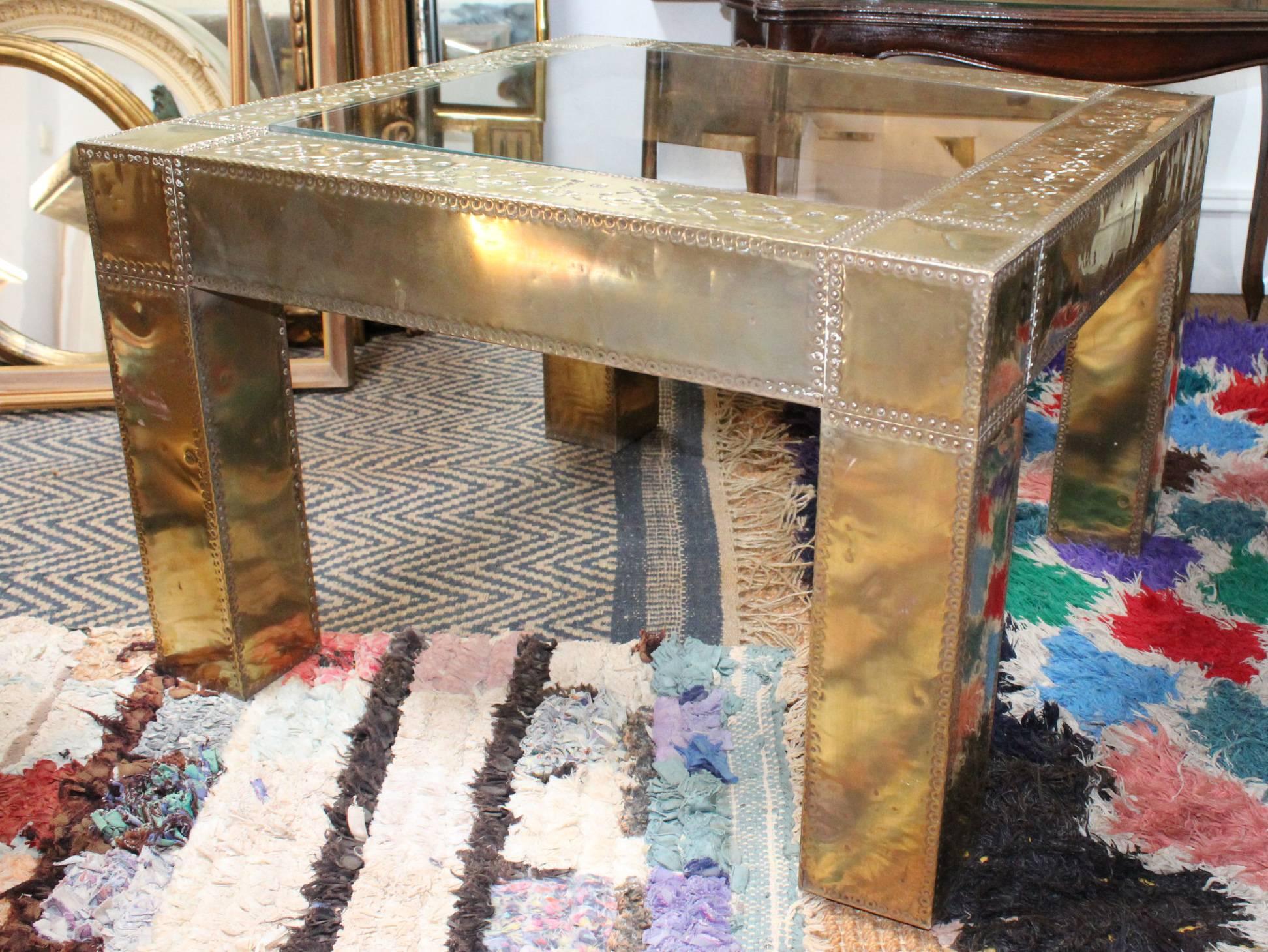 1970s Spanish Square Brass and Glass Side Table For Sale 3