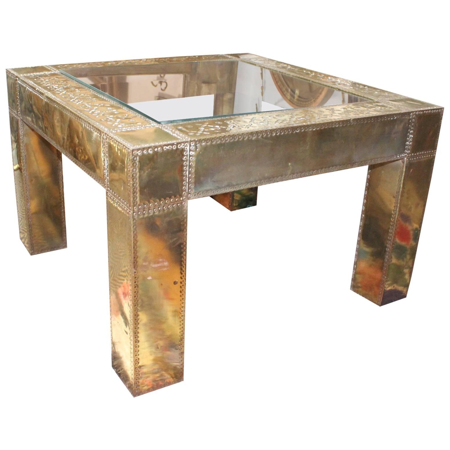 1970s Spanish Square Brass and Glass Side Table For Sale