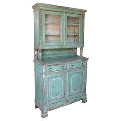 1970s Spanish Step Back Cupboard w/ Two Glass Panel Cabinet Doors