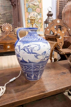 1970s Spanish Table Lamp in Blue and White Hand-Painted Ceramic