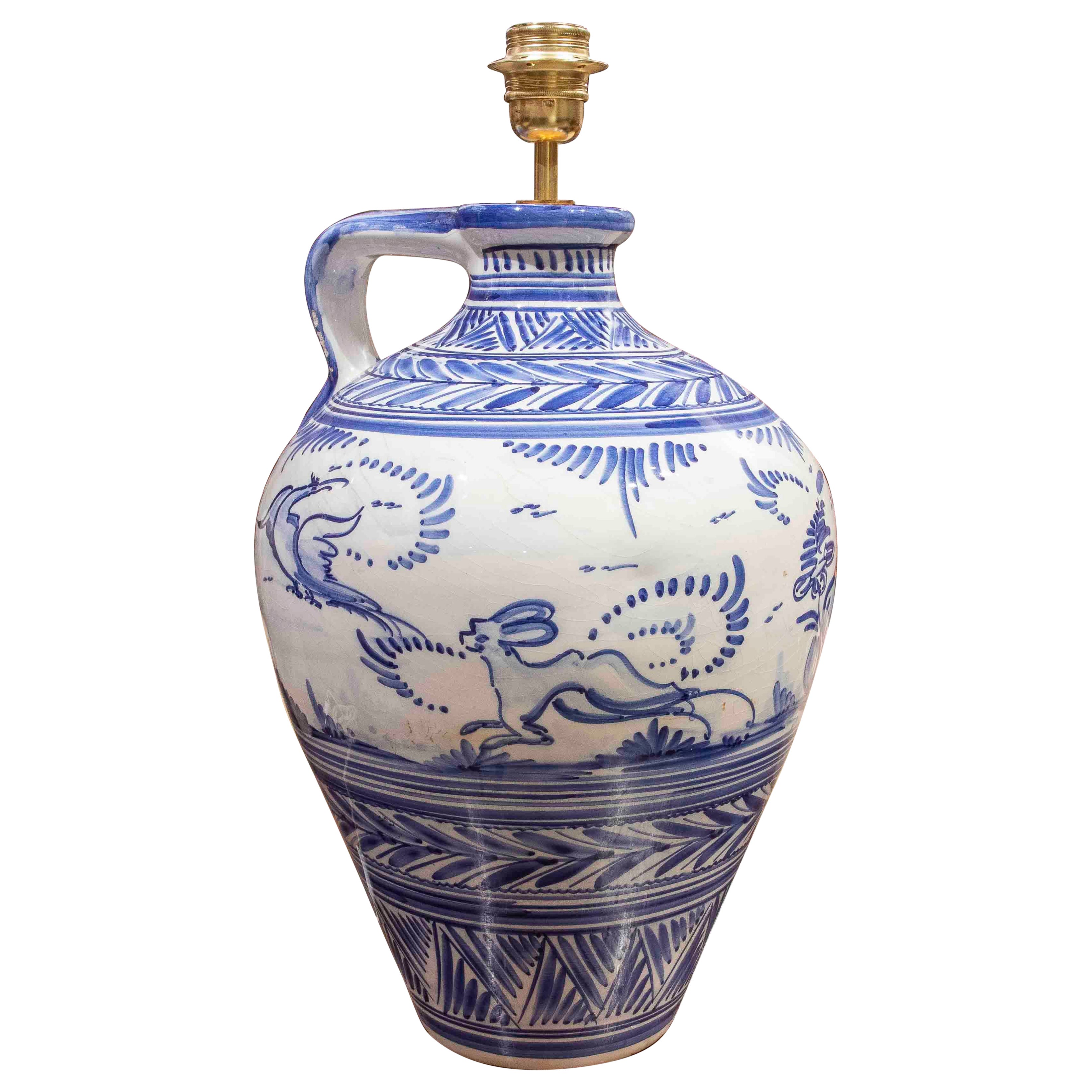 1970s Spanish Table Lamp in Blue and White Hand-Painted Ceramic