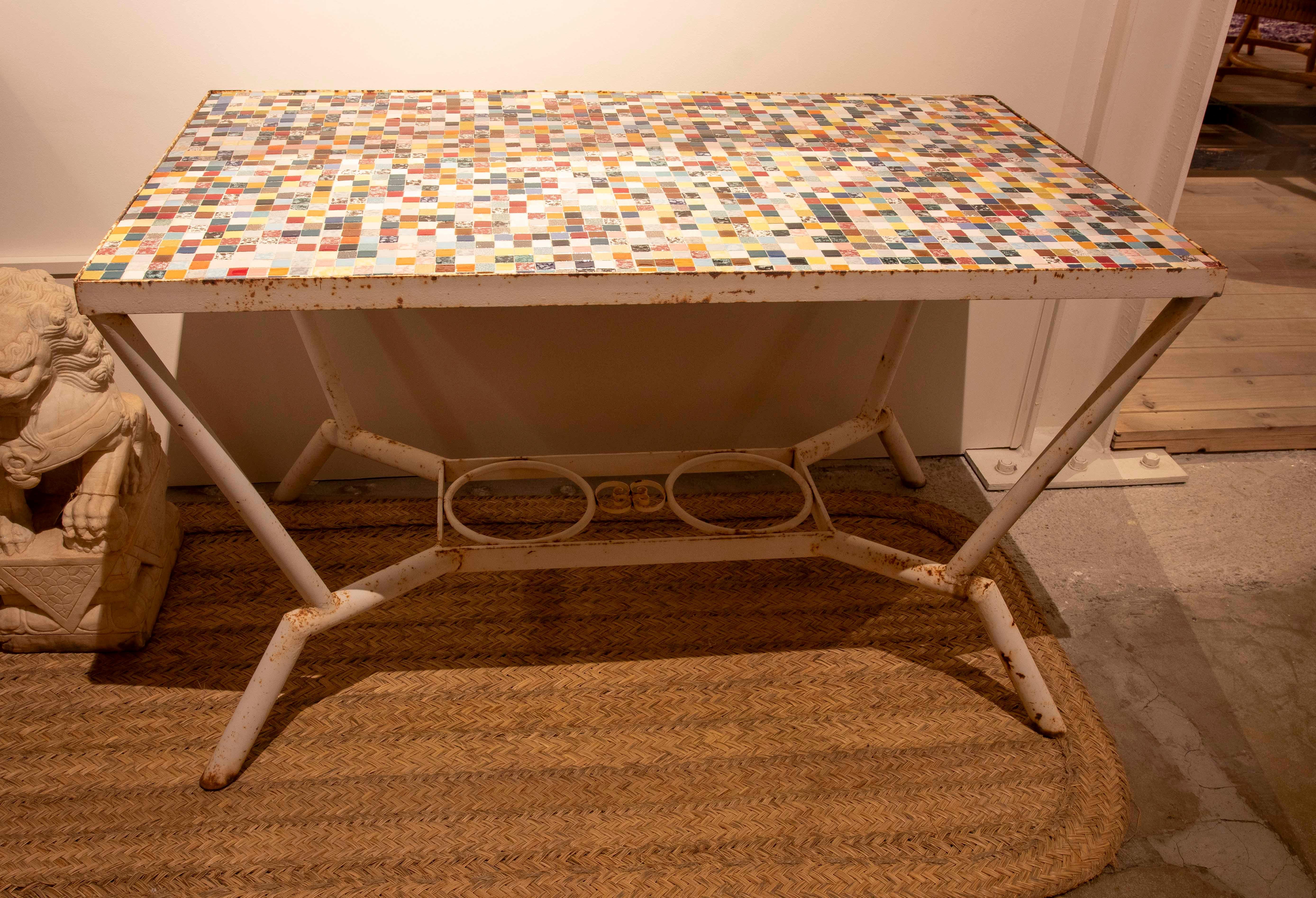 1970s Spanish Table with Iron Base and Coloured Tiled Top 