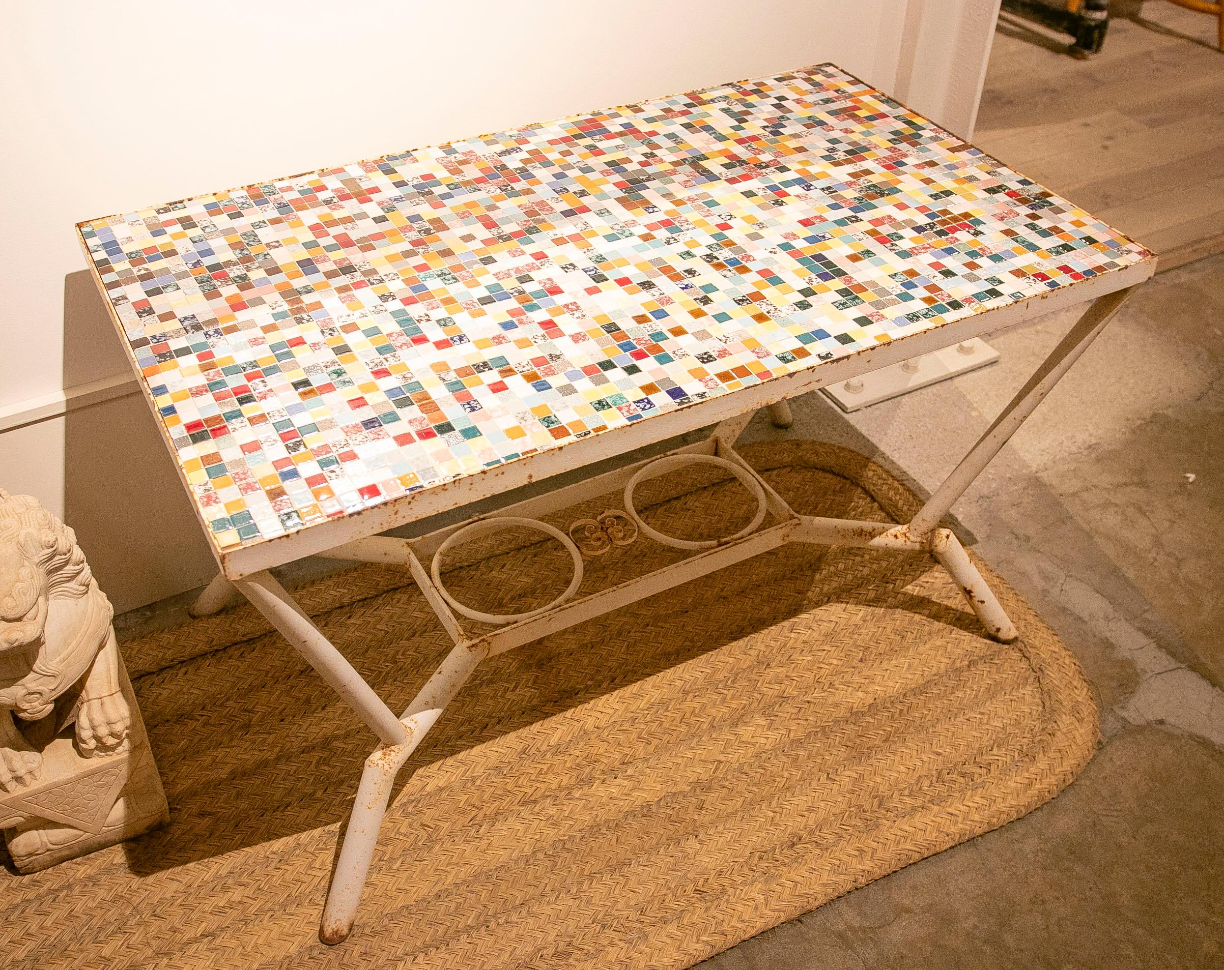 20th Century 1970s Spanish Table with Iron Base and Coloured Tiled Top  For Sale