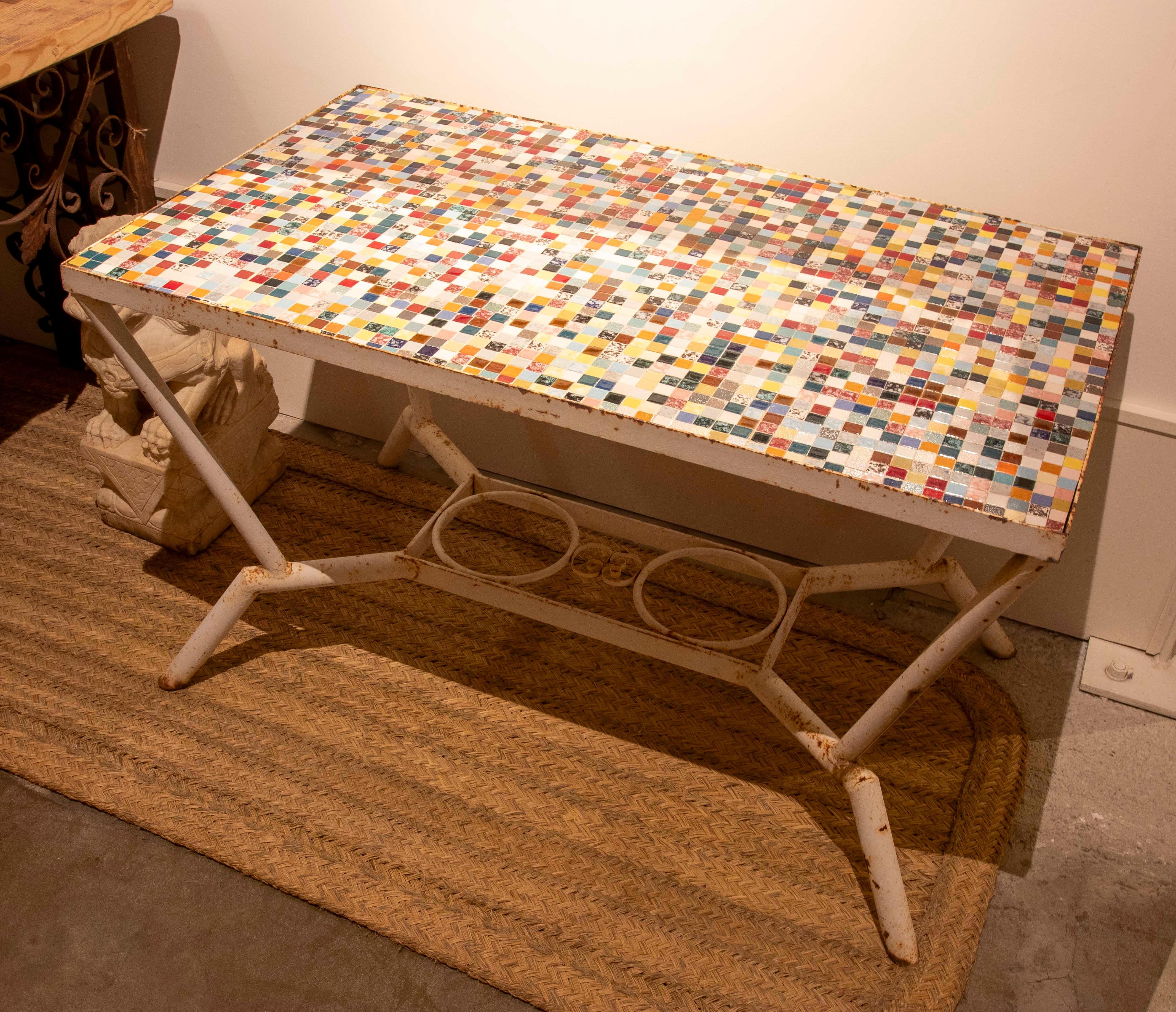 1970s Spanish Table with Iron Base and Coloured Tiled Top  For Sale 3