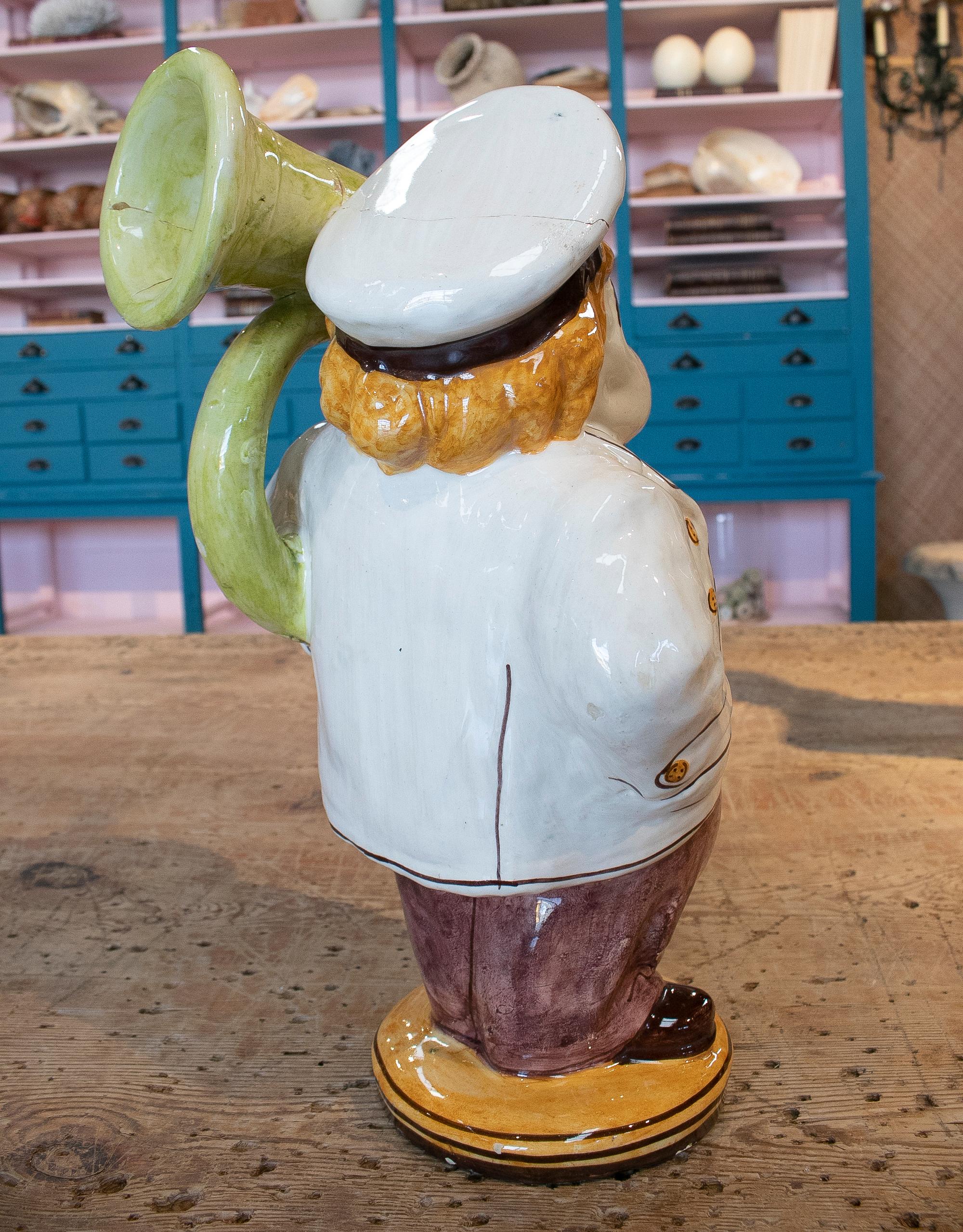 1970s Spanish Trombone Player "Botijo" Water Jug Hand Painted and