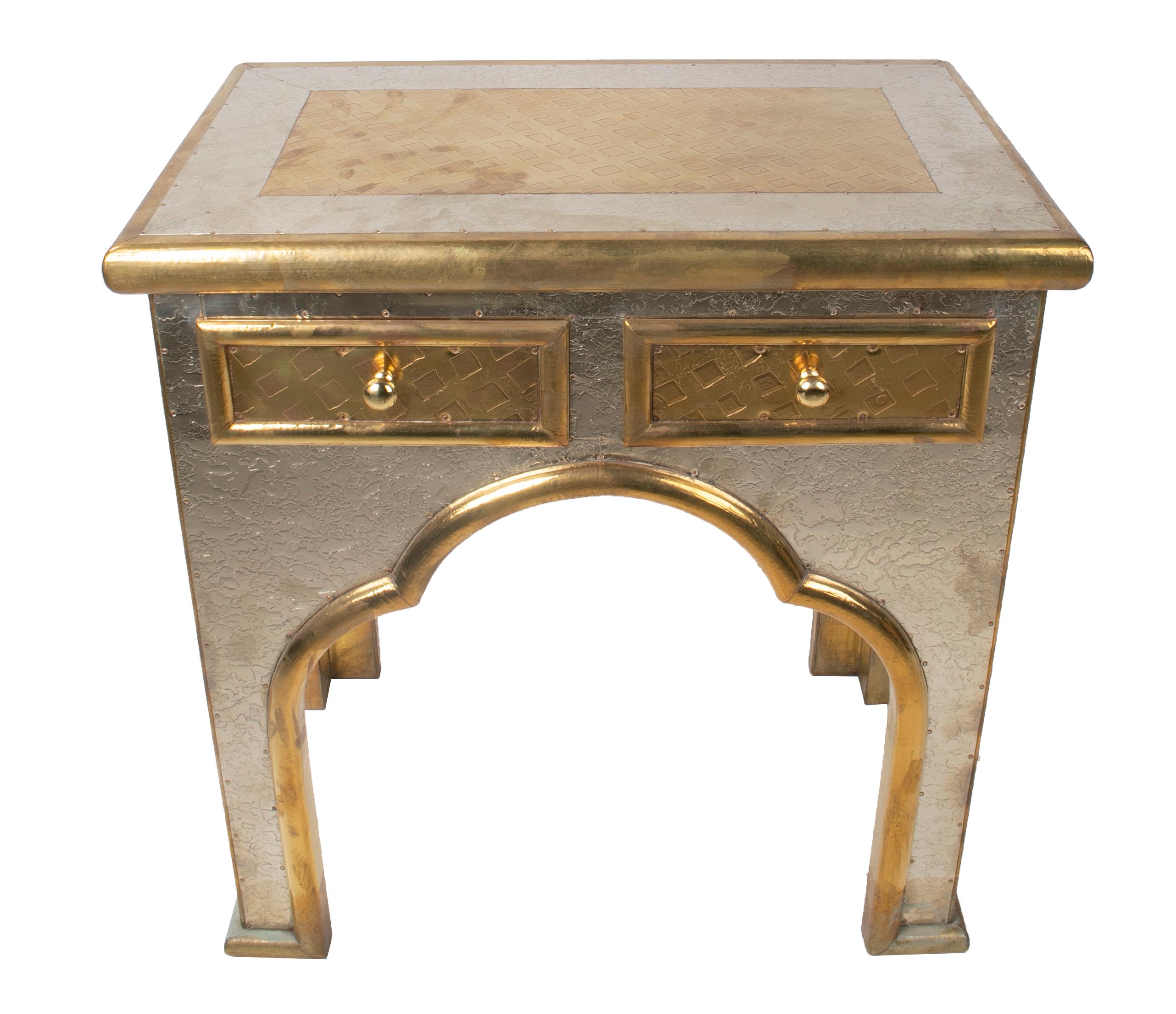 1970s Spanish two-drawer two-tone bronze-plated side table.