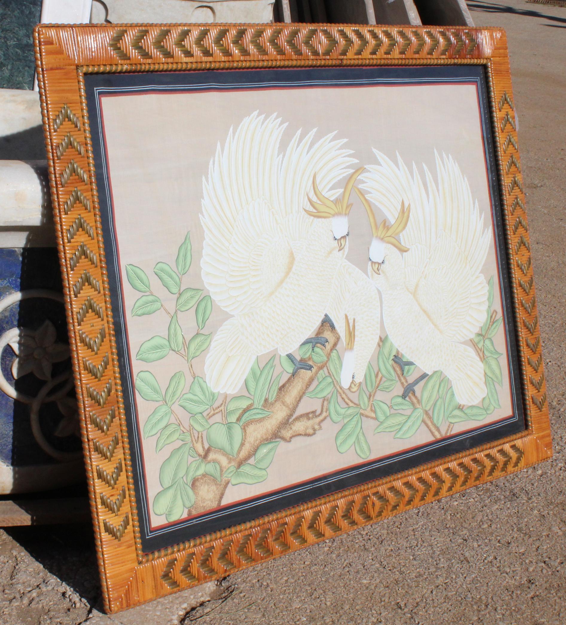 1970s Spanish Two Parrot Painting on Cloth with Woven Wicker Frame In Good Condition In Marbella, ES