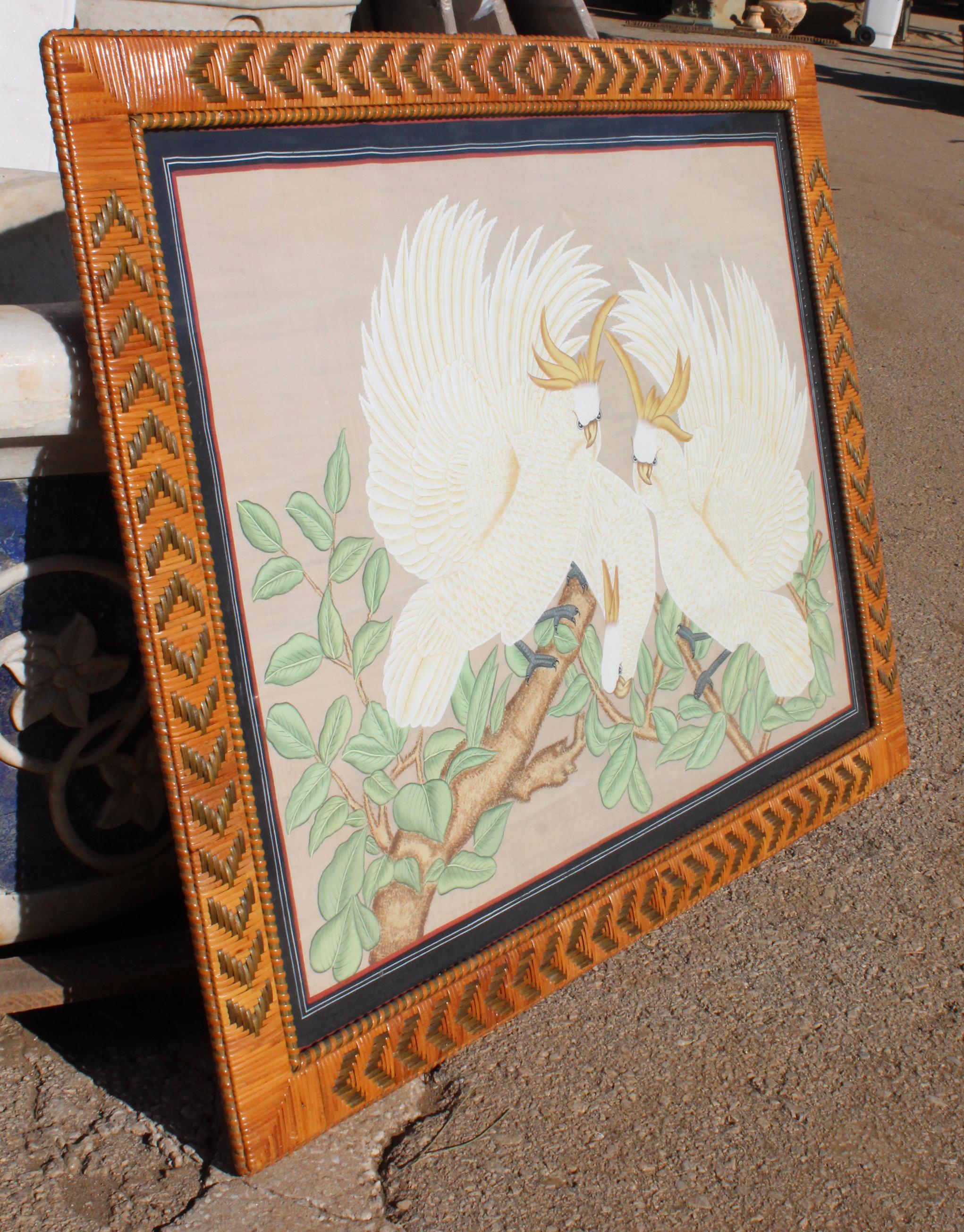 1970s Spanish Two Parrot Painting on Cloth with Woven Wicker Frame 1