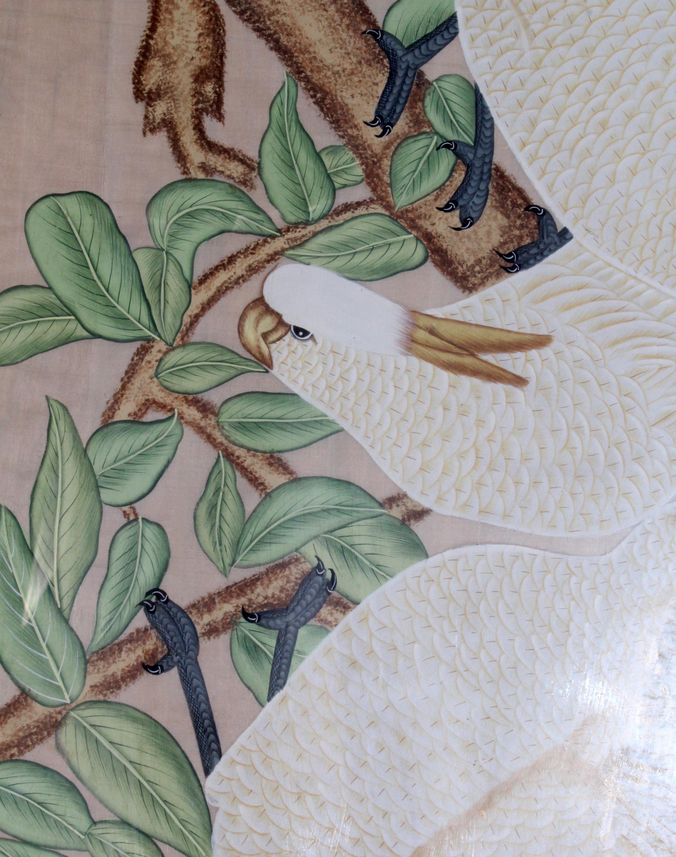 1970s Spanish Two Parrot Painting on Cloth with Woven Wicker Frame 5