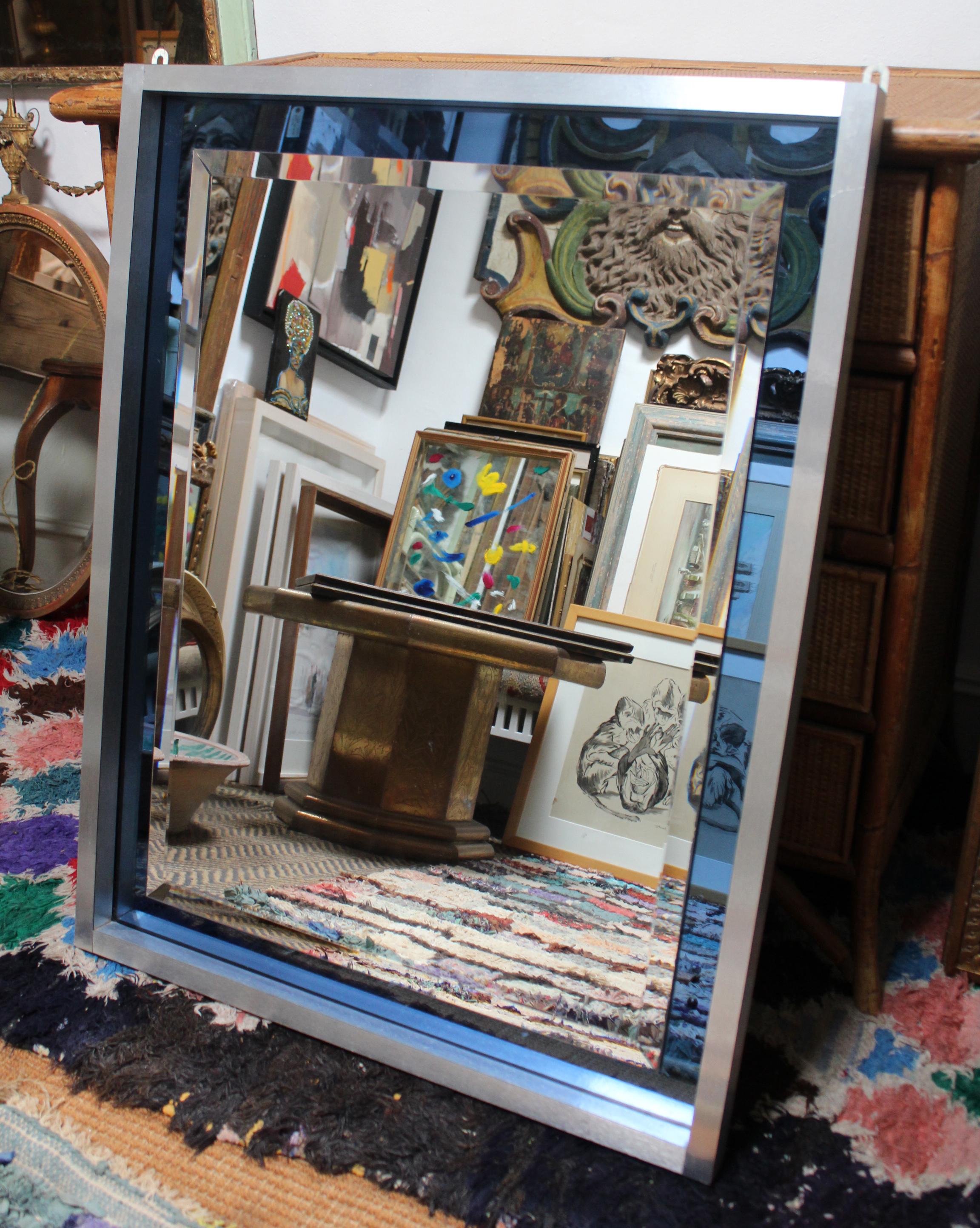 1970s Spanish Vintage Aluminium Mirror and Blue Glass Frame In Good Condition In Marbella, ES