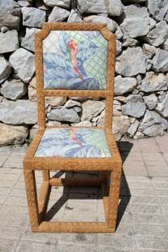 1970s Spanish Vintage Hand Woven Lace Wicker Chair w/ Original Upholstery