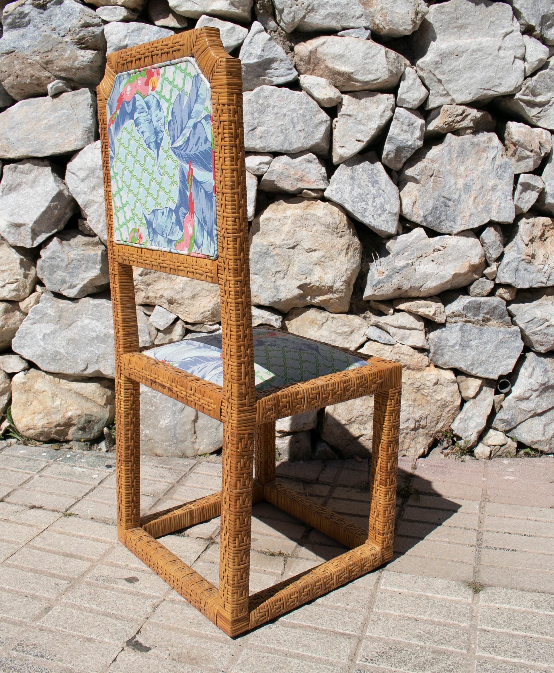 20th Century 1970s Spanish Vintage Hand Woven Lace Wicker Chair w/ Original Upholstery For Sale