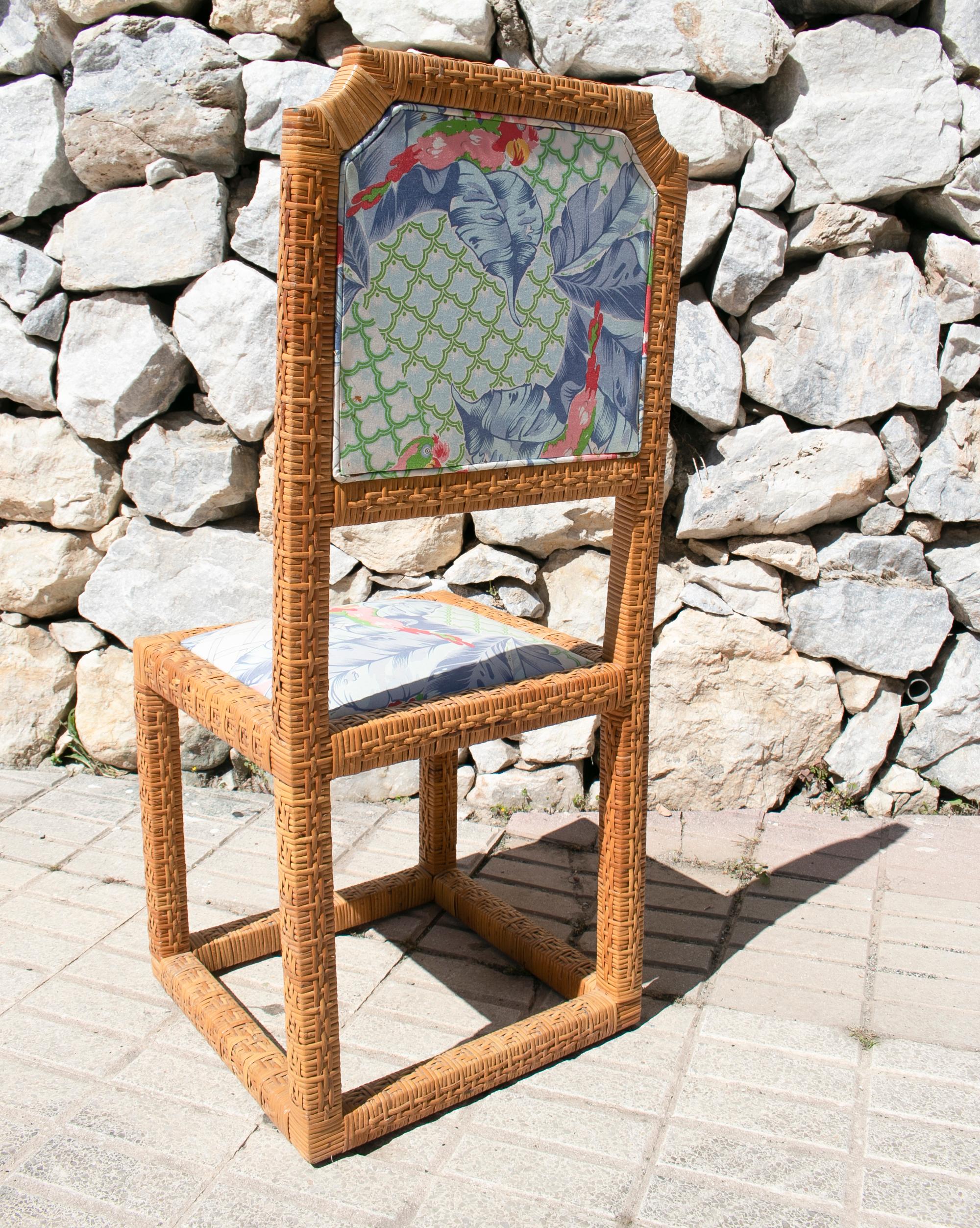 1970s Spanish Vintage Hand Woven Lace Wicker Chair w/ Original Upholstery For Sale 1