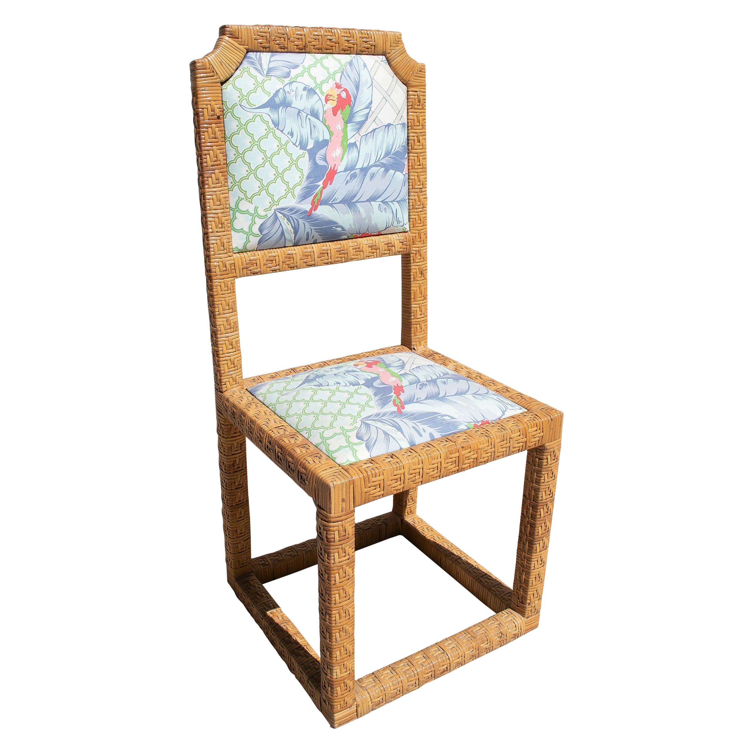 1970s Spanish Vintage Hand Woven Lace Wicker Chair w/ Original Upholstery For Sale