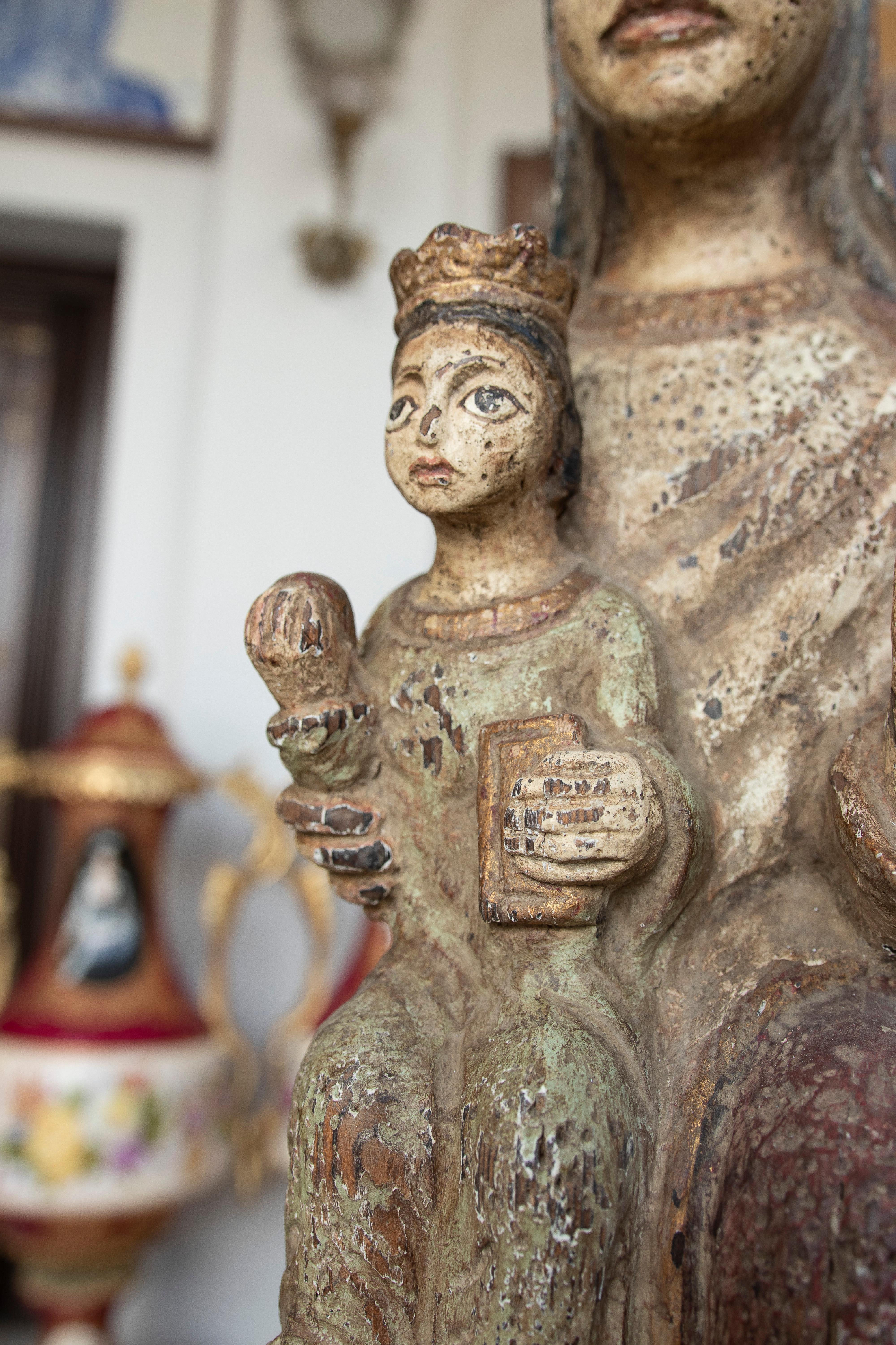 1970s Spanish Virgin & Child Hand Carved and Painted Wood Romanesque Sculpture For Sale 10