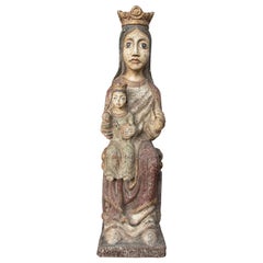 1970s Spanish Virgin & Child Hand Carved and Painted Wood Romanesque Sculpture