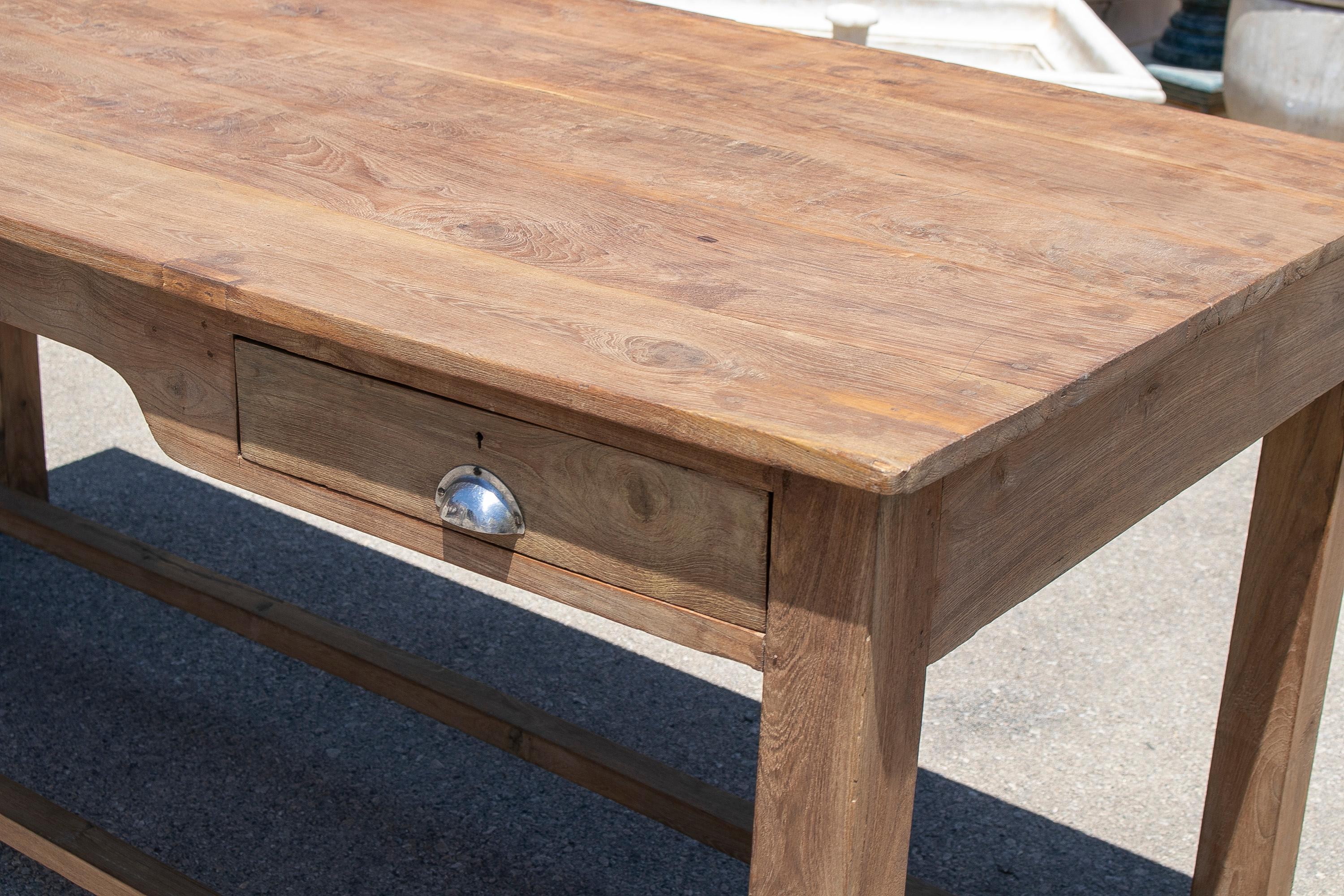 1970s Spanish Washed Wood 2-Drawer Farmhouse Table w/ Crossbeam For Sale 7