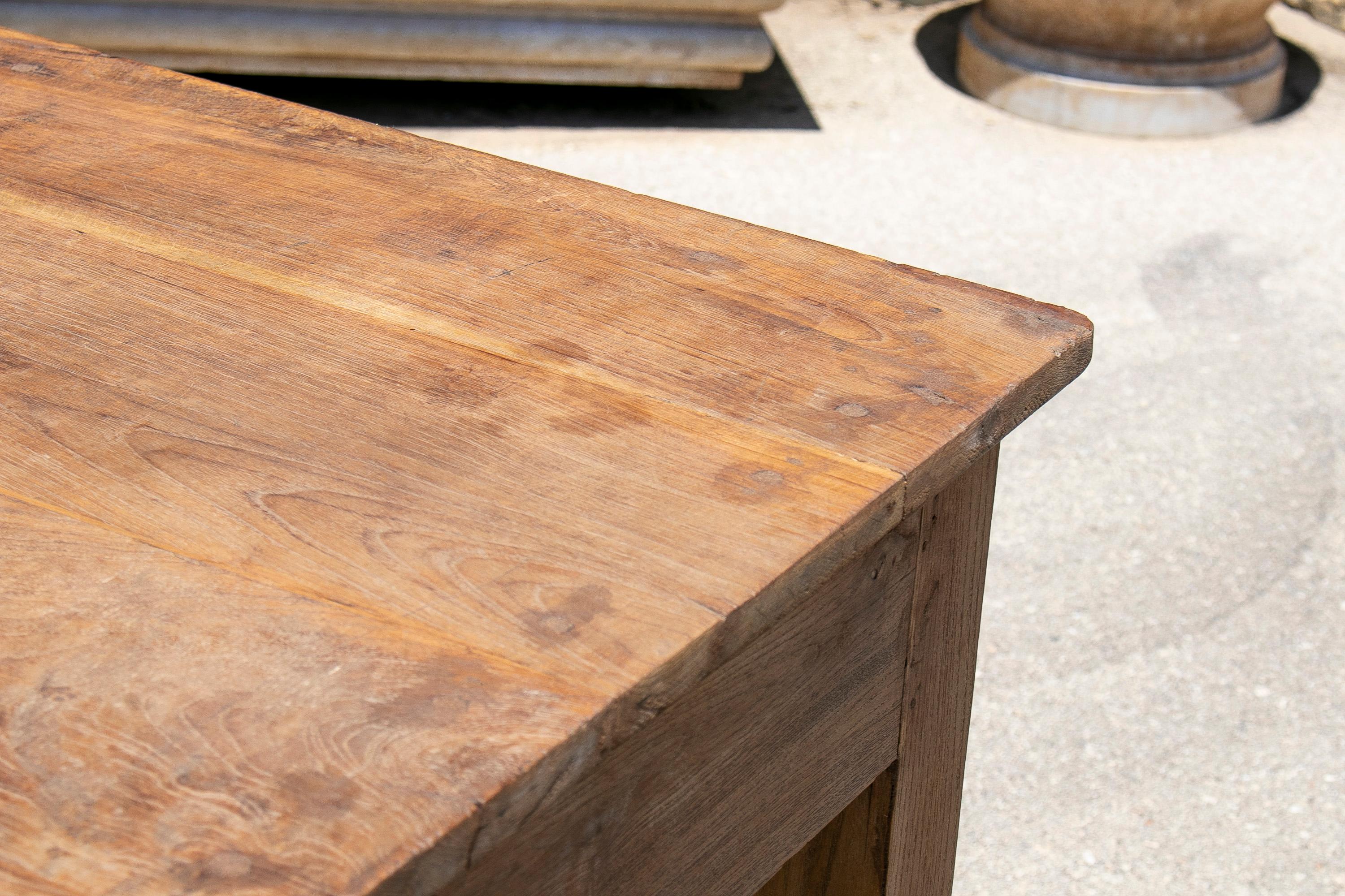 1970s Spanish Washed Wood 2-Drawer Farmhouse Table w/ Crossbeam For Sale 8