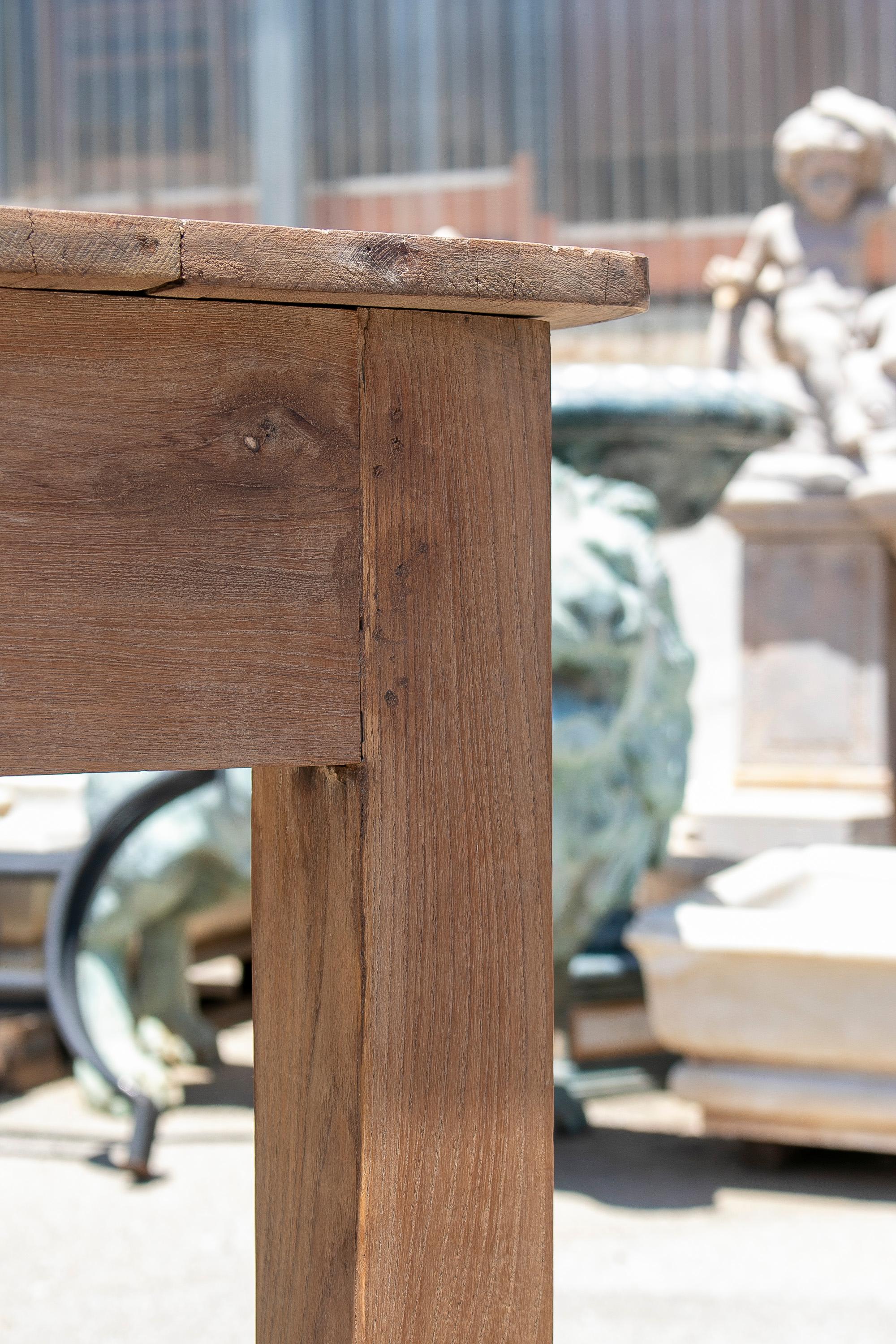 1970s Spanish Washed Wood 2-Drawer Farmhouse Table w/ Crossbeam For Sale 13