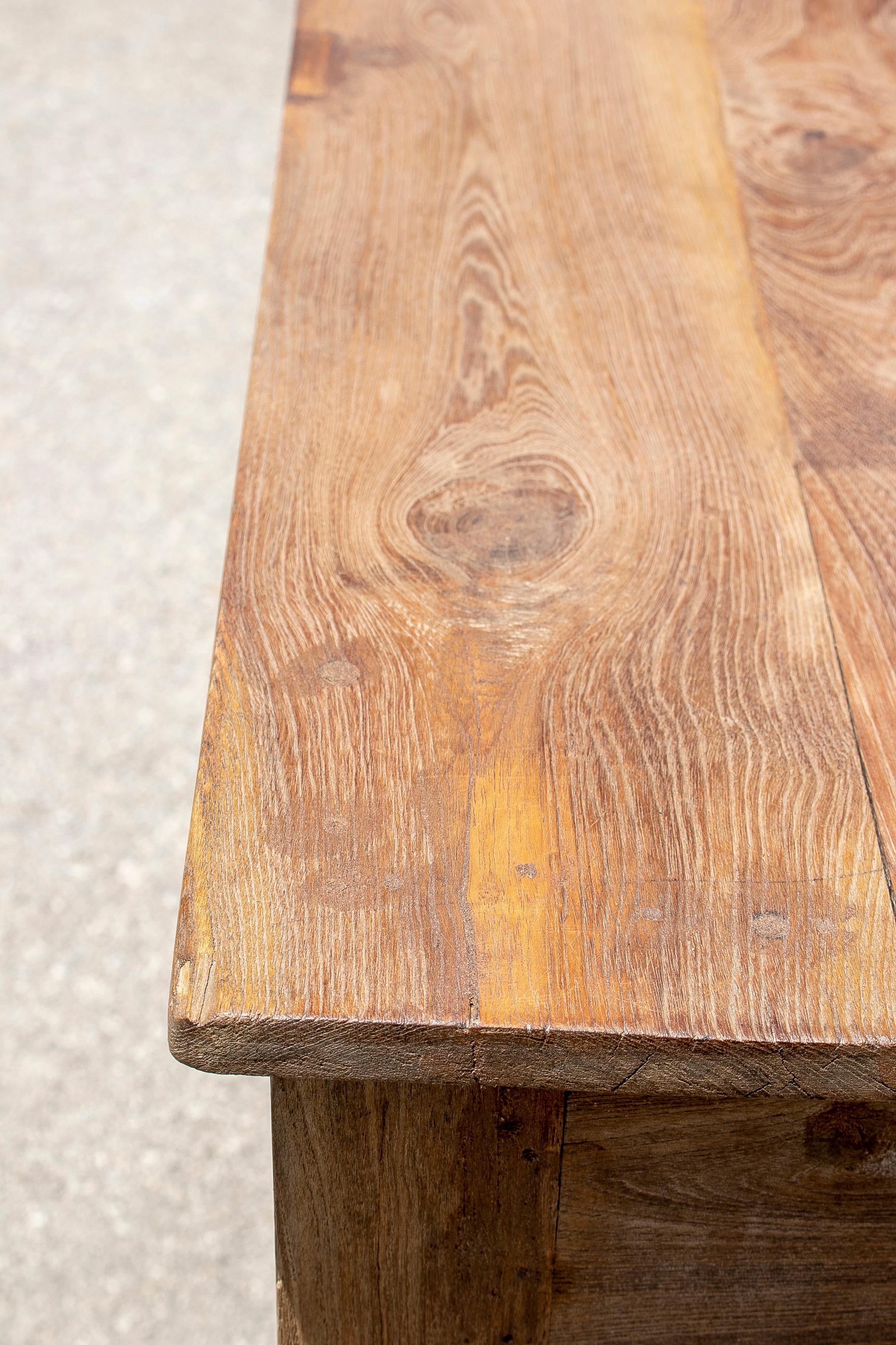 1970s Spanish Washed Wood 2-Drawer Farmhouse Table w/ Crossbeam For Sale 15