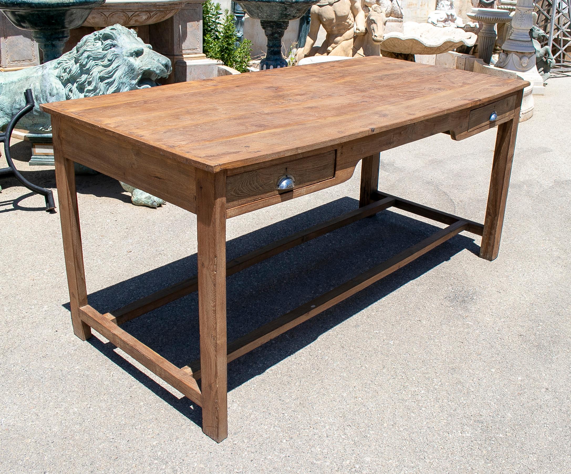 1970s Spanish Washed Wood 2-Drawer Farmhouse Table w/ Crossbeam In Good Condition For Sale In Marbella, ES