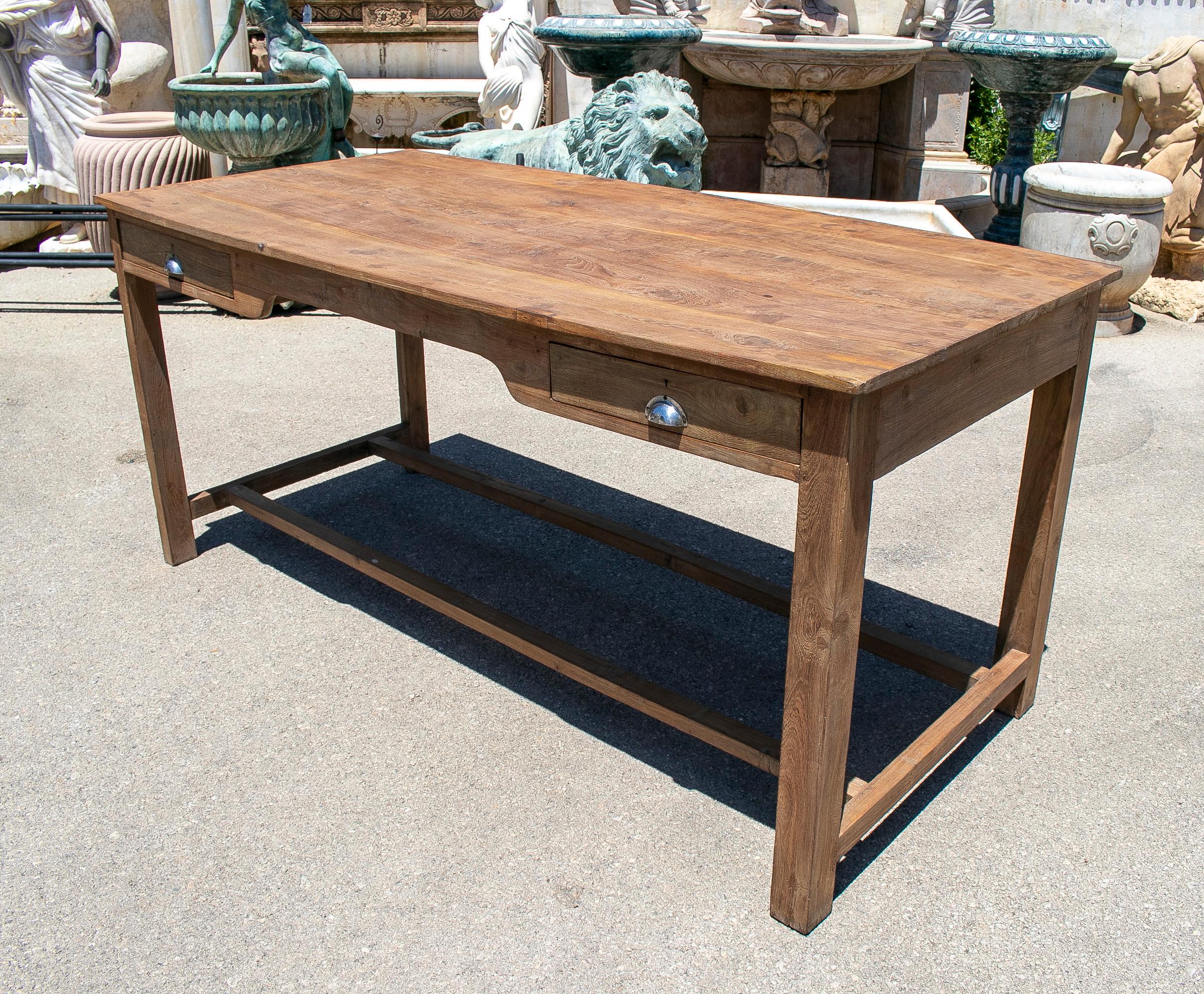 20th Century 1970s Spanish Washed Wood 2-Drawer Farmhouse Table w/ Crossbeam For Sale