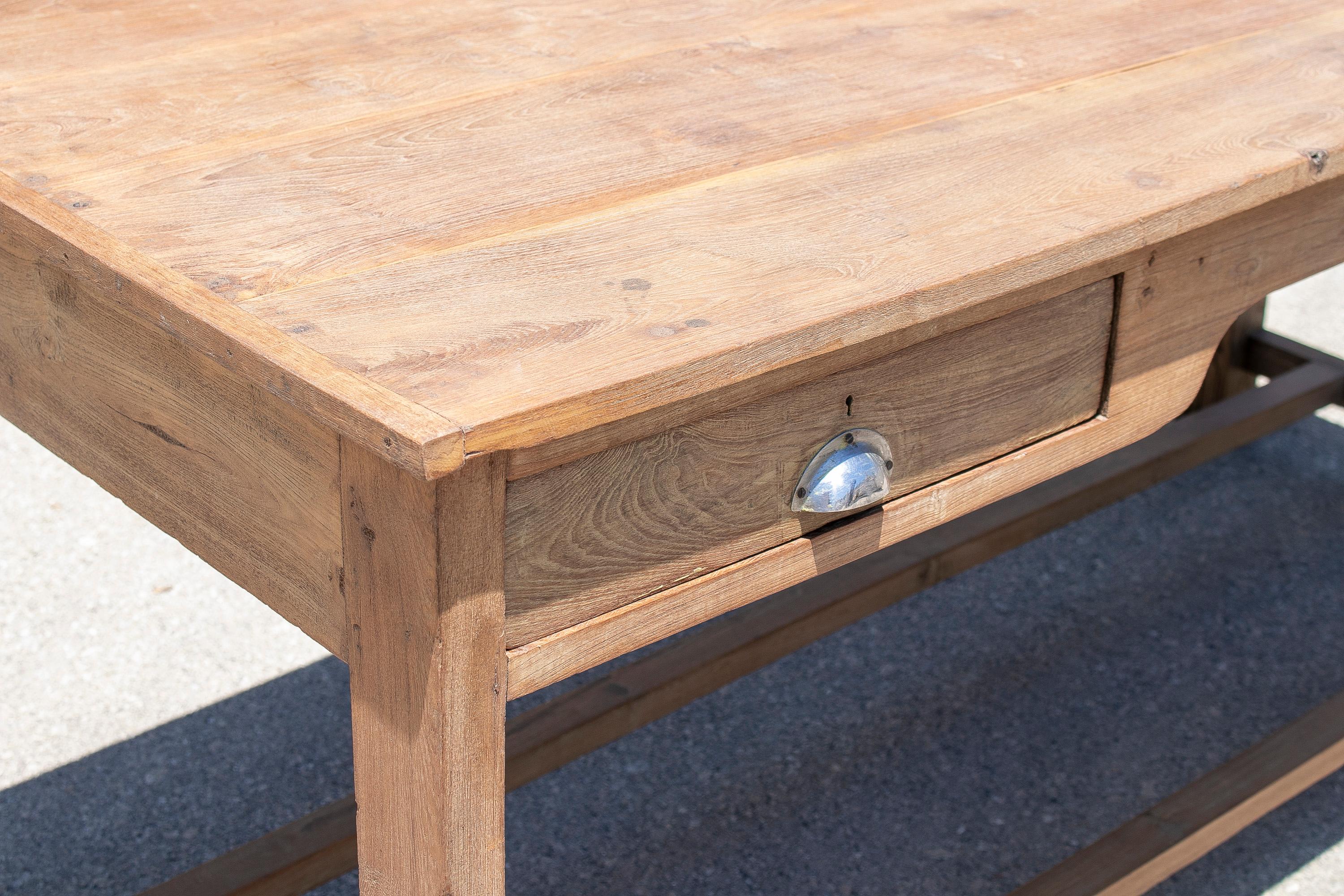 1970s Spanish Washed Wood 2-Drawer Farmhouse Table w/ Crossbeam For Sale 1