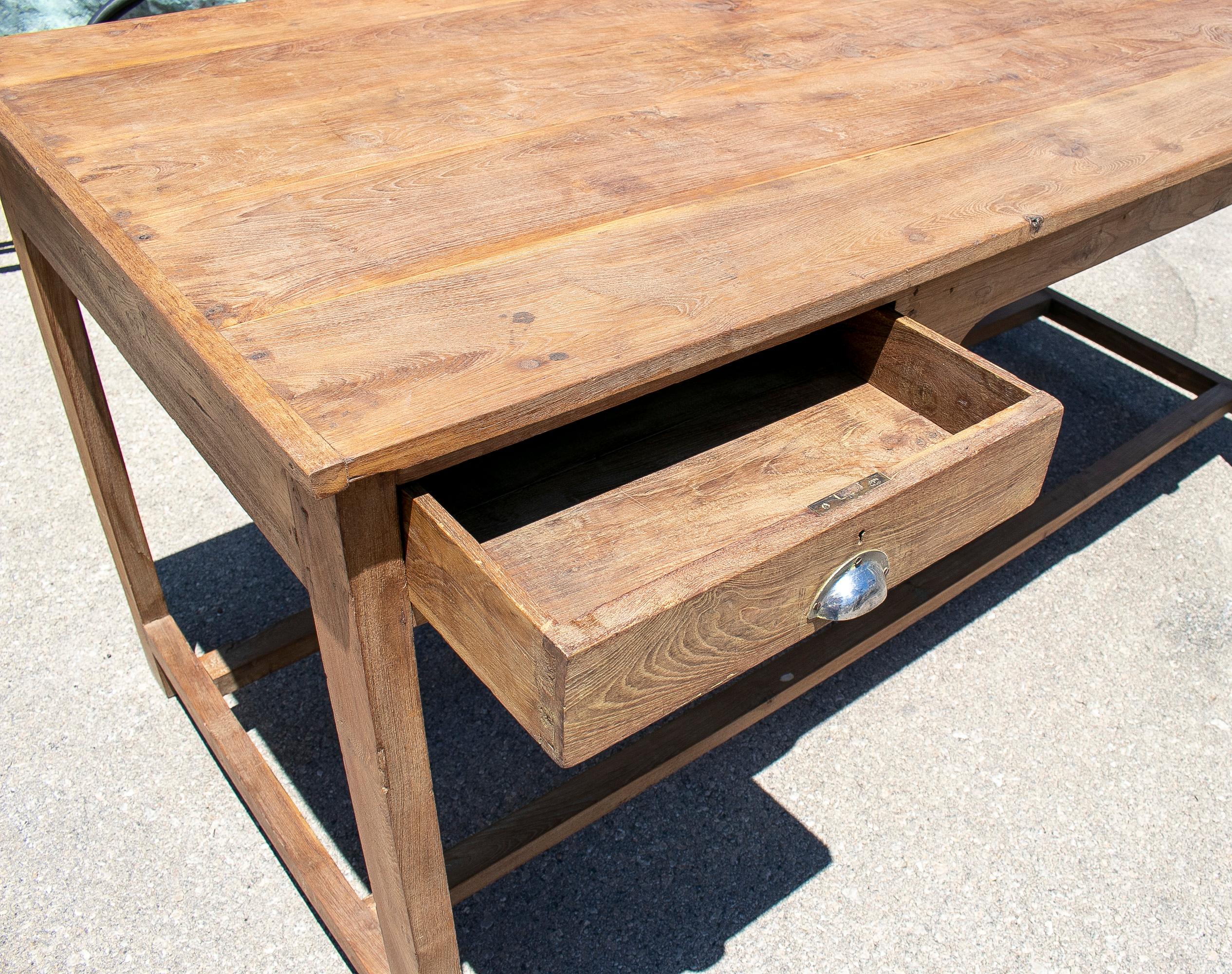 1970s Spanish Washed Wood 2-Drawer Farmhouse Table w/ Crossbeam For Sale 2