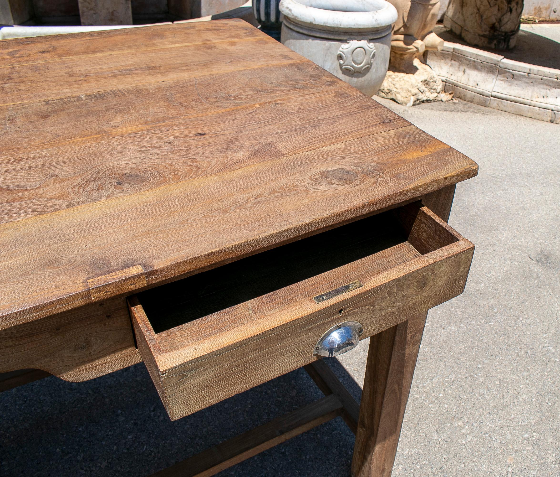 1970s Spanish Washed Wood 2-Drawer Farmhouse Table w/ Crossbeam For Sale 3