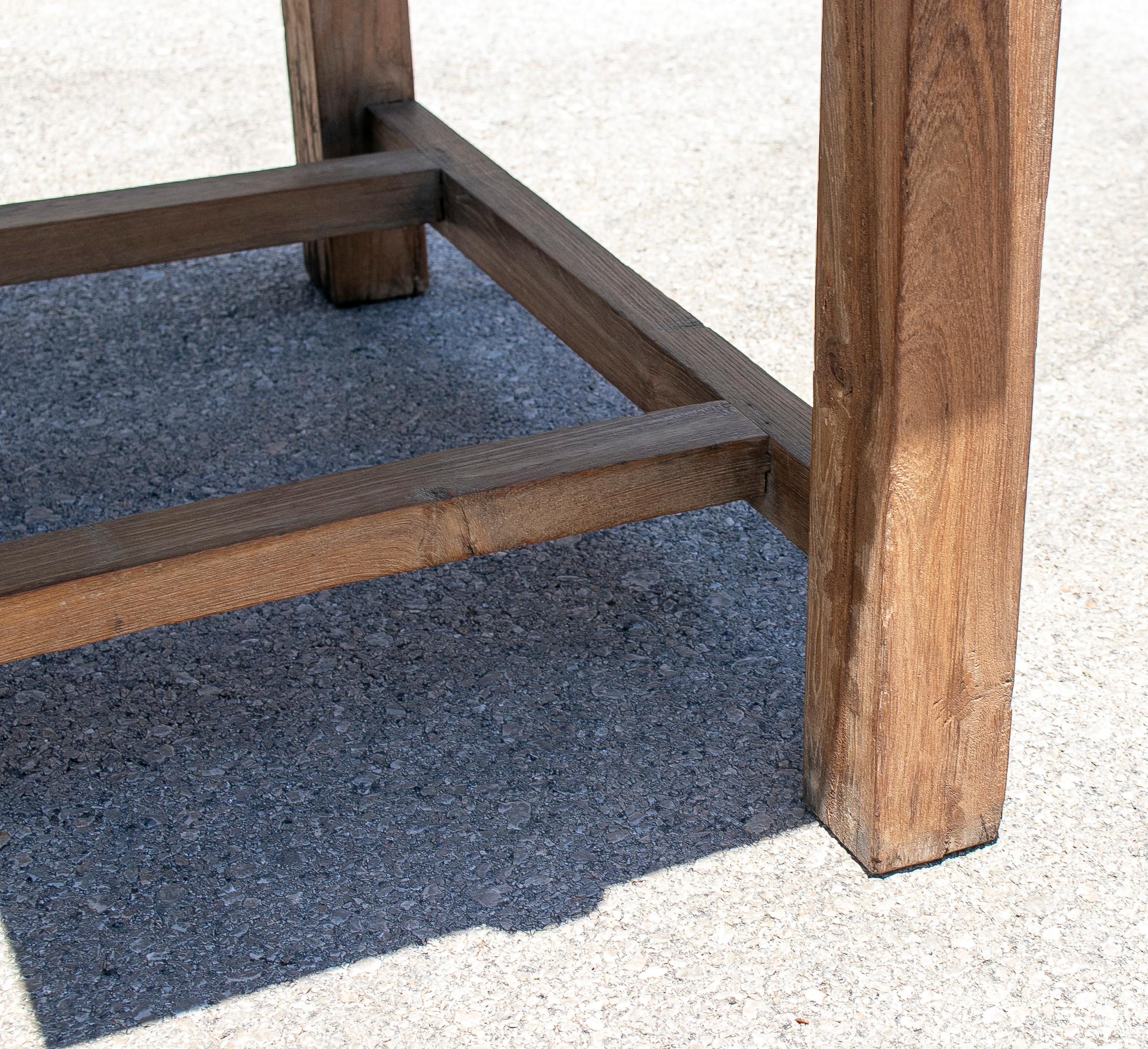 1970s Spanish Washed Wood 2-Drawer Farmhouse Table w/ Crossbeam For Sale 5