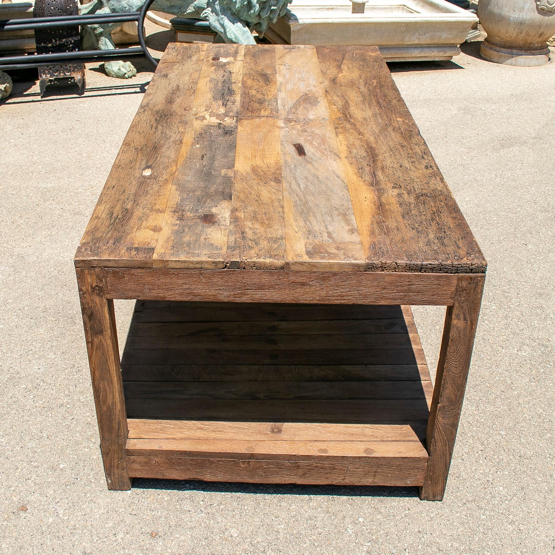 20th Century 1970s Spanish Washed Wood Farmhouse Low Table w/ Shelf For Sale