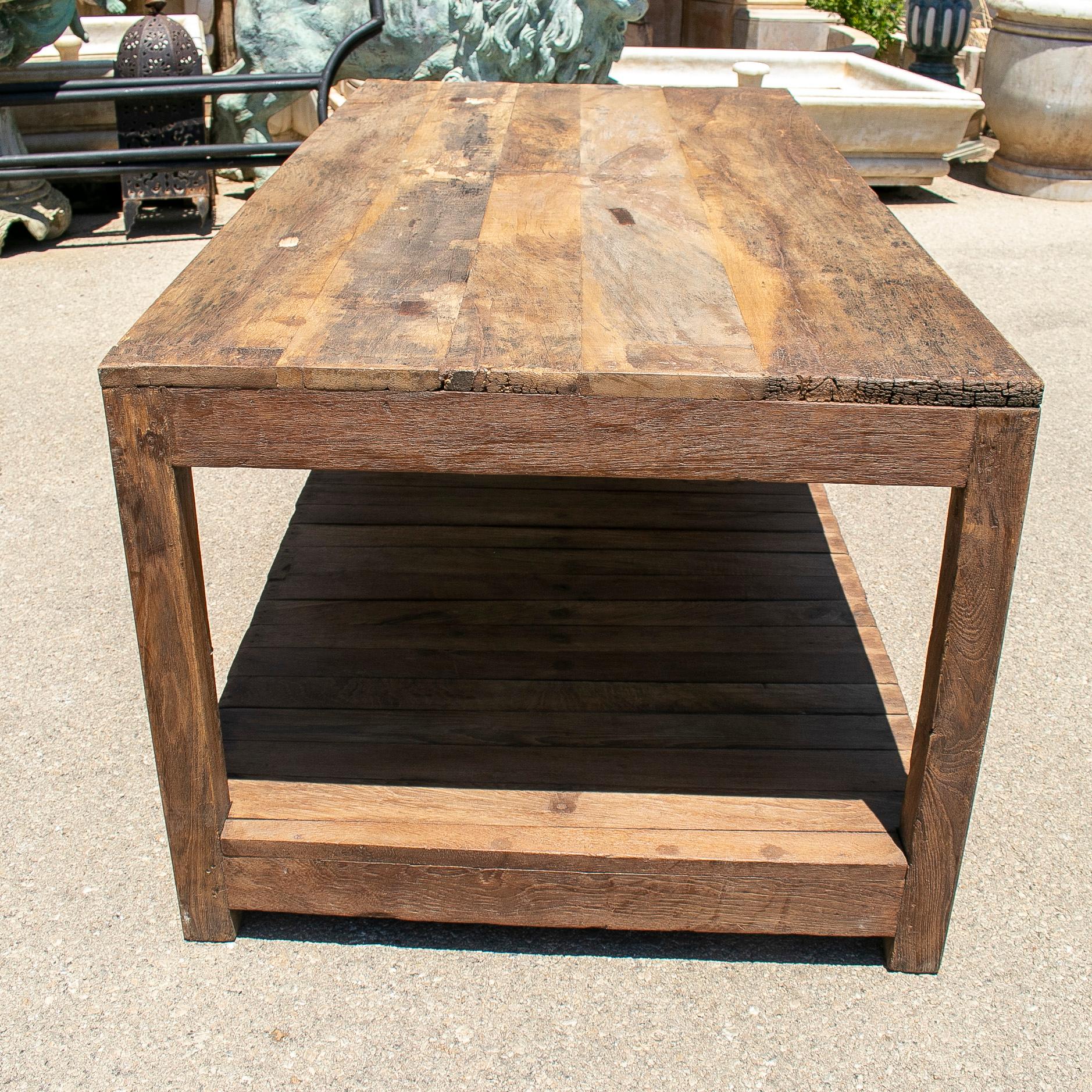 1970s Spanish Washed Wood Farmhouse Low Table w/ Shelf For Sale 1