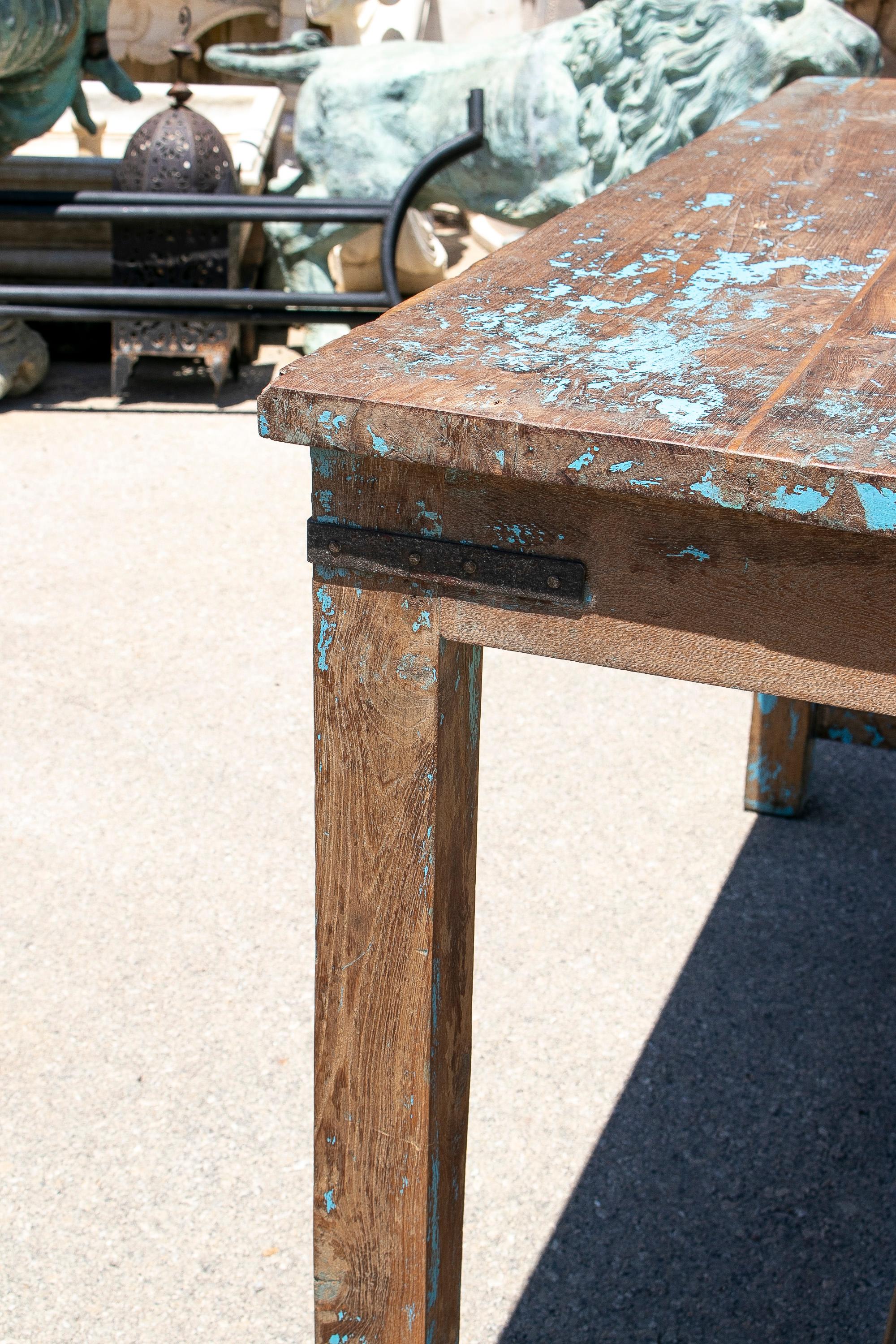 1970s Spanish Washed Wood Farmhouse Table w/ Crossbeam For Sale 11