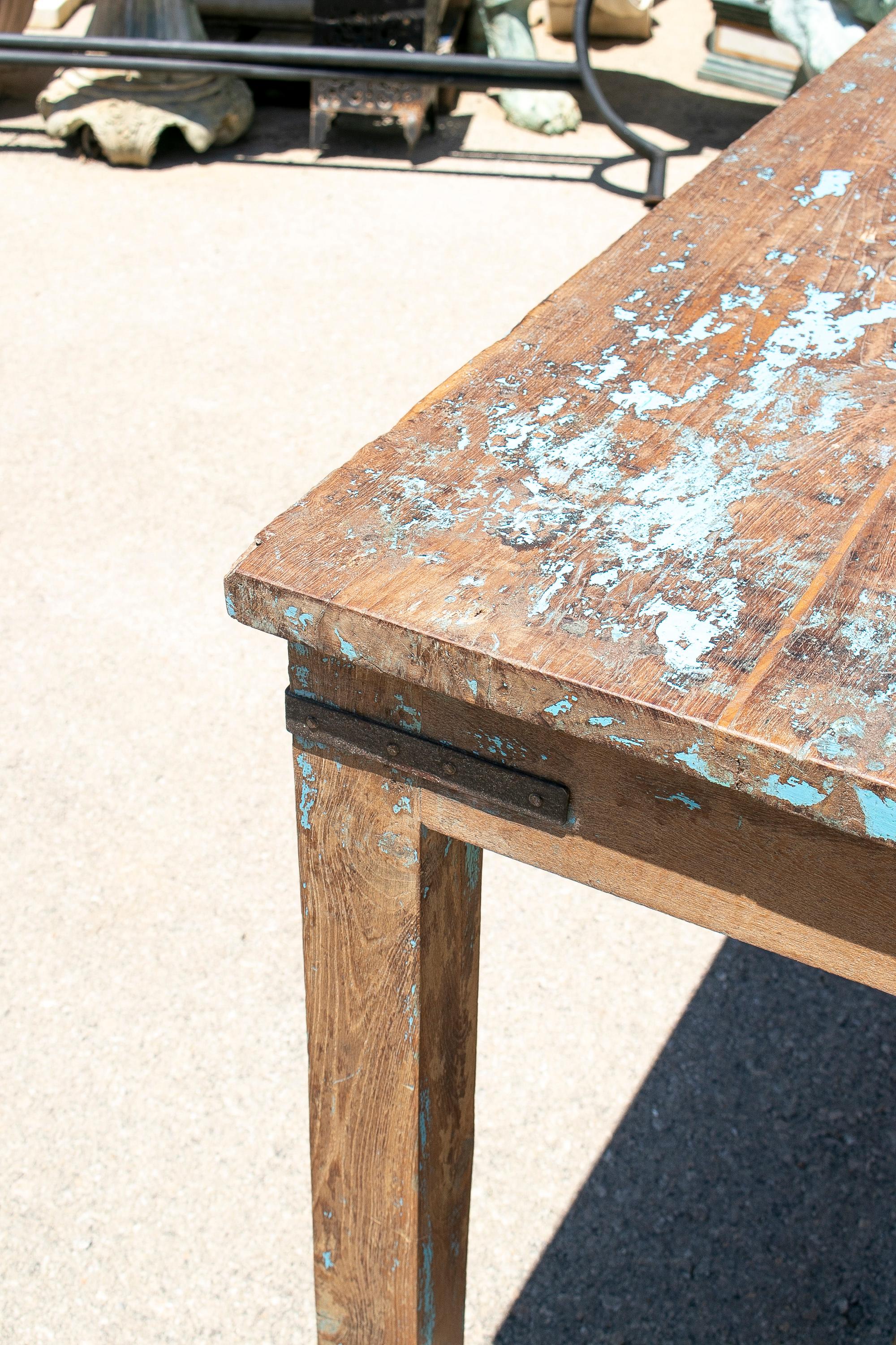 1970s Spanish Washed Wood Farmhouse Table w/ Crossbeam For Sale 12
