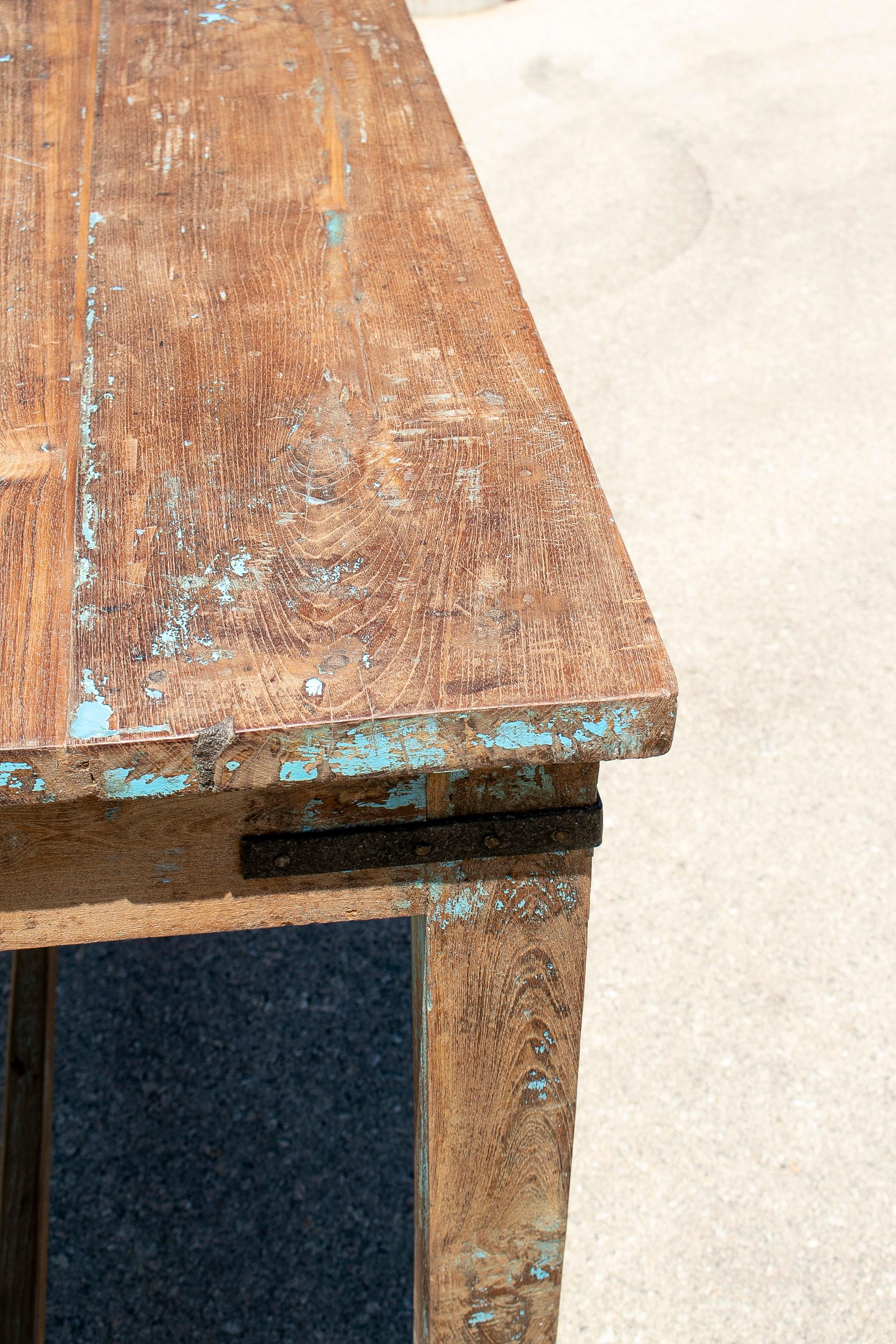 1970s Spanish Washed Wood Farmhouse Table w/ Crossbeam For Sale 13
