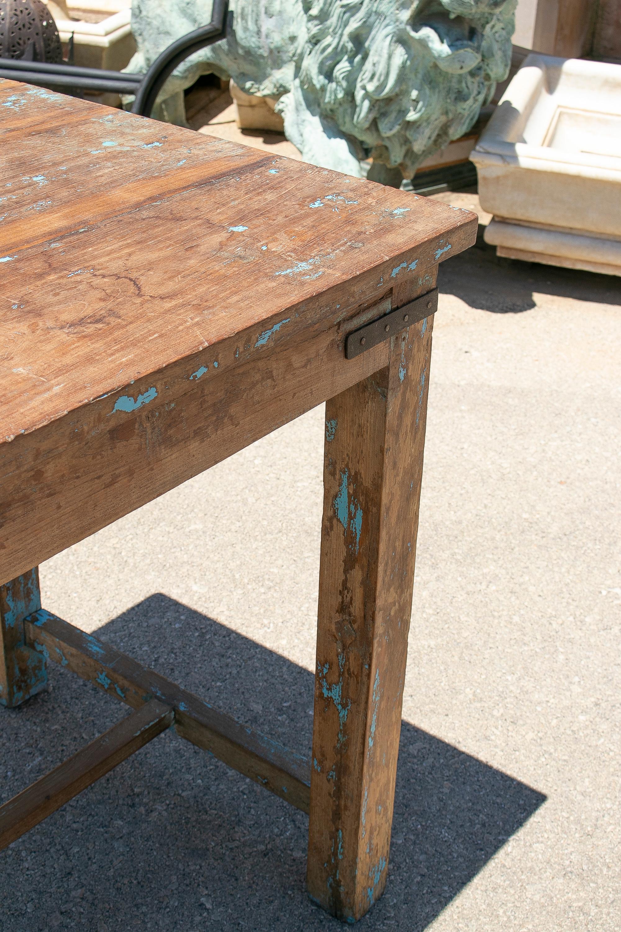 1970s Spanish Washed Wood Farmhouse Table w/ Crossbeam For Sale 16