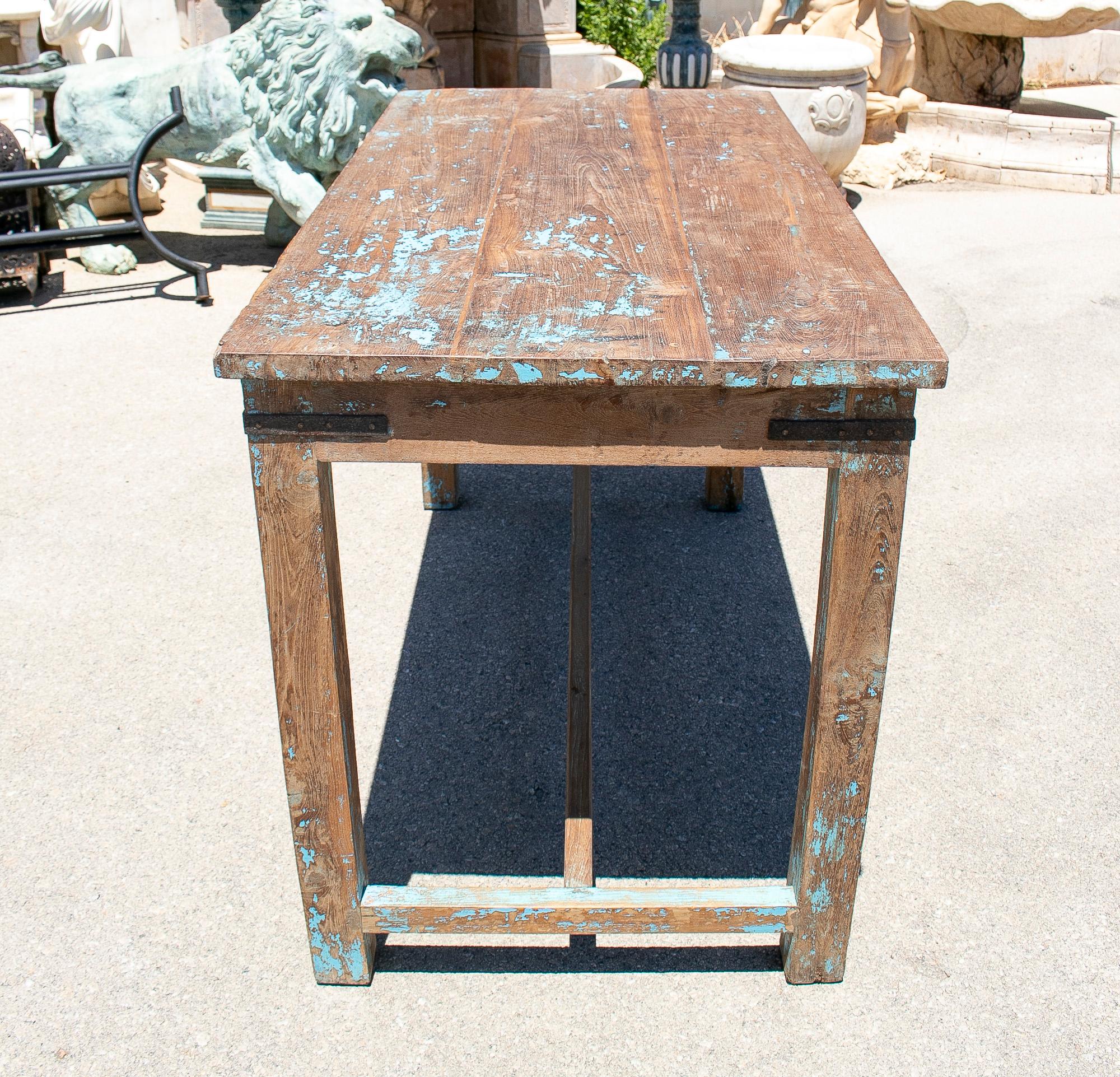 20th Century 1970s Spanish Washed Wood Farmhouse Table w/ Crossbeam For Sale