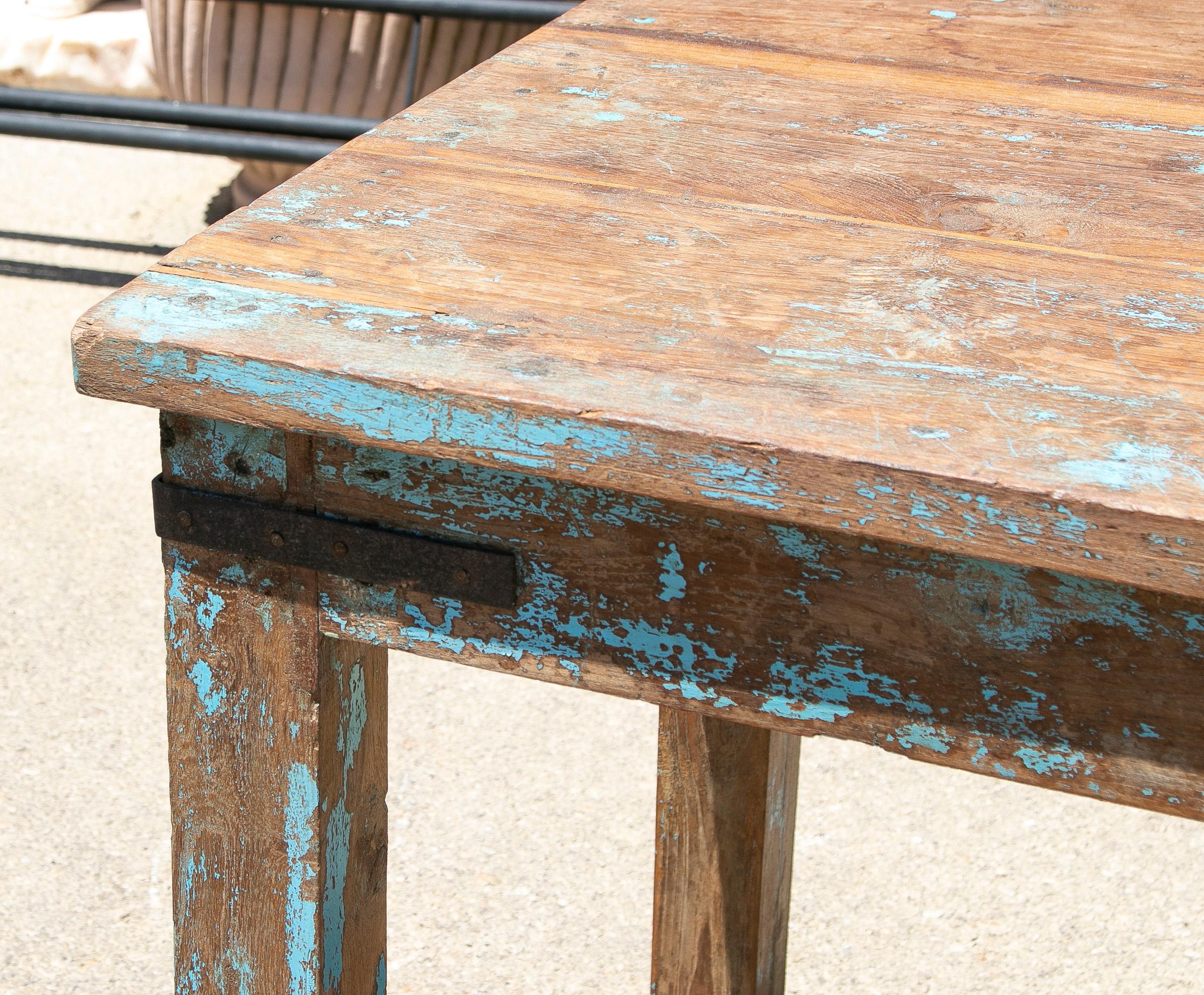 1970s Spanish Washed Wood Farmhouse Table w/ Crossbeam For Sale 1