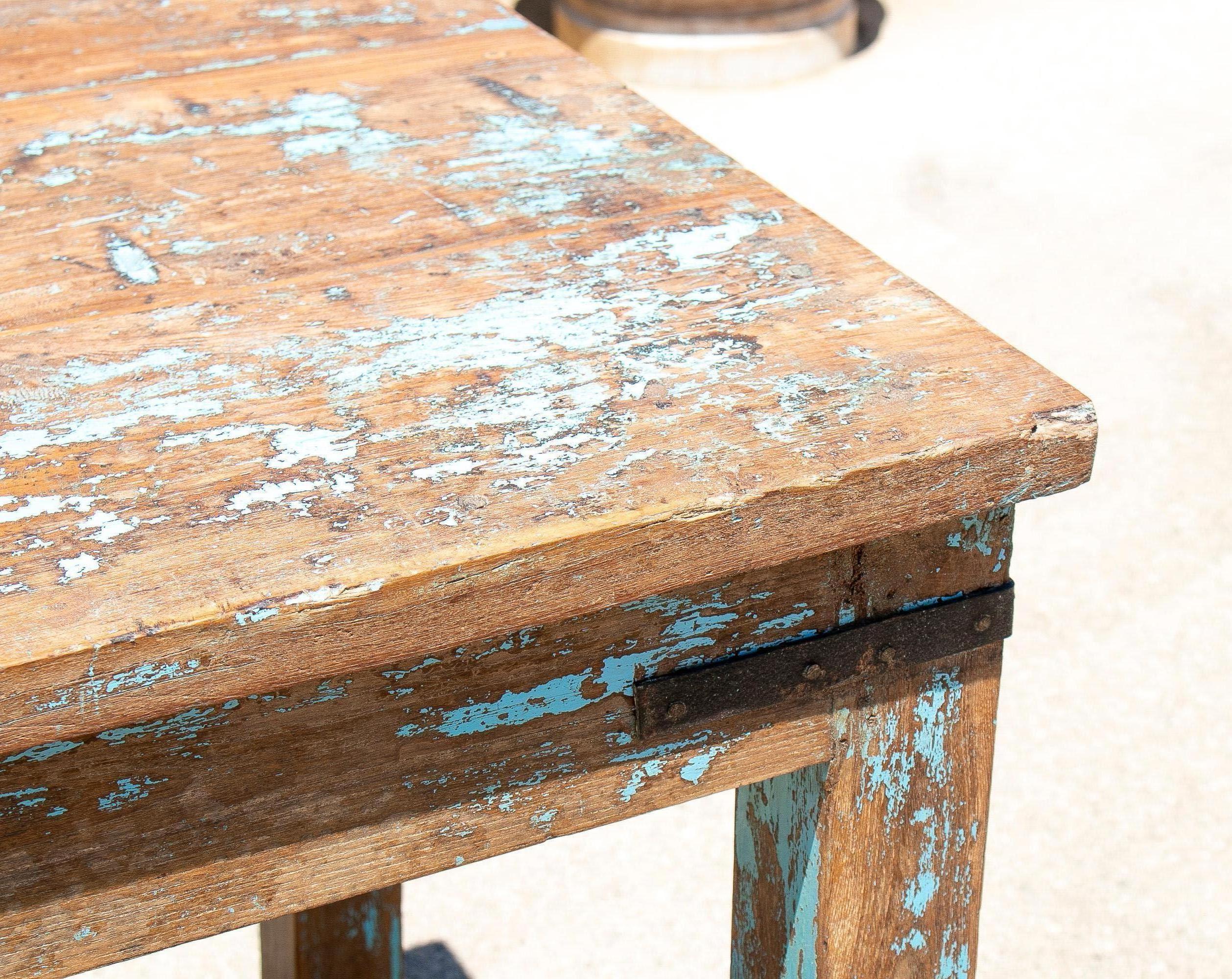 1970s Spanish Washed Wood Farmhouse Table w/ Crossbeam For Sale 2