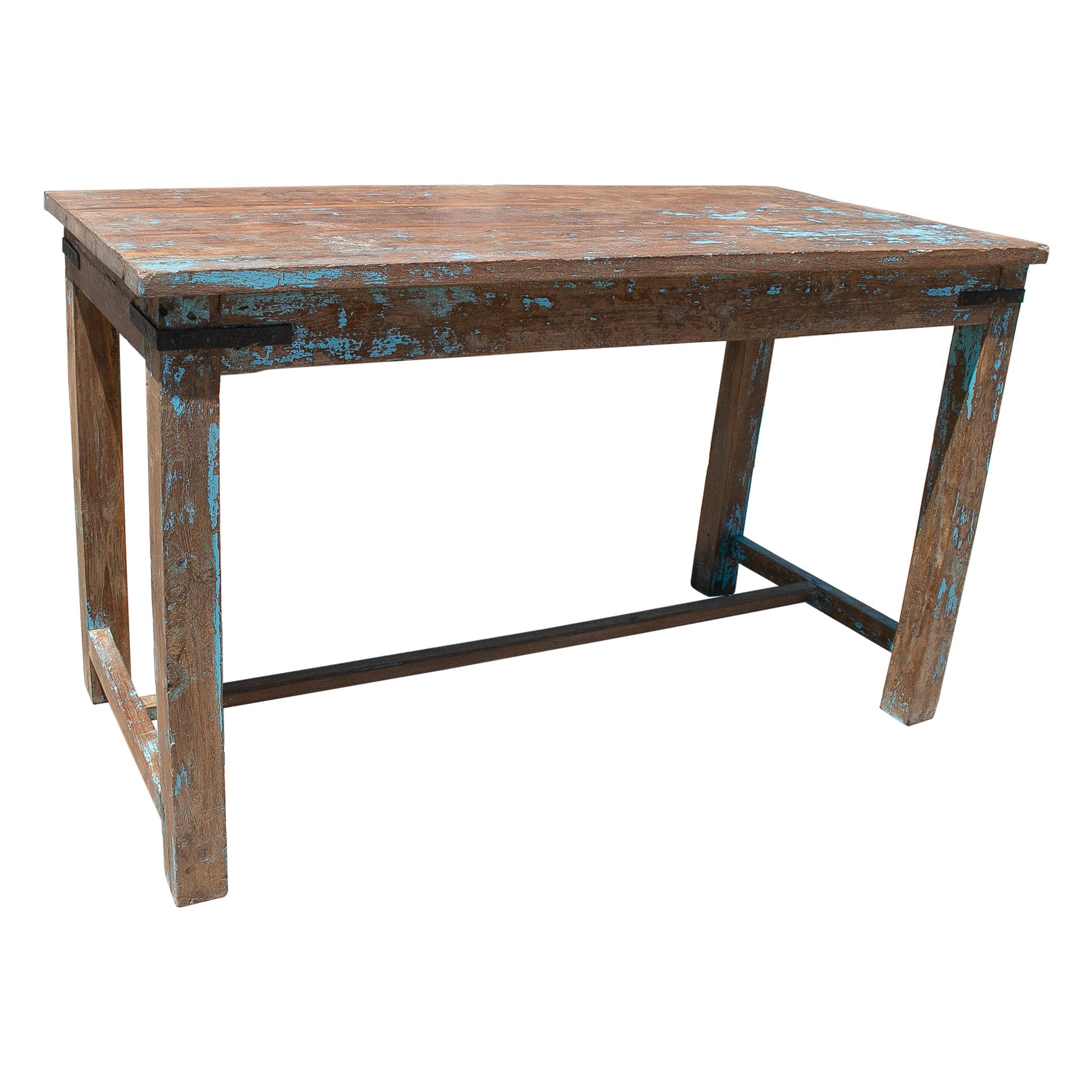 1970s Spanish Washed Wood Farmhouse Table w/ Crossbeam For Sale