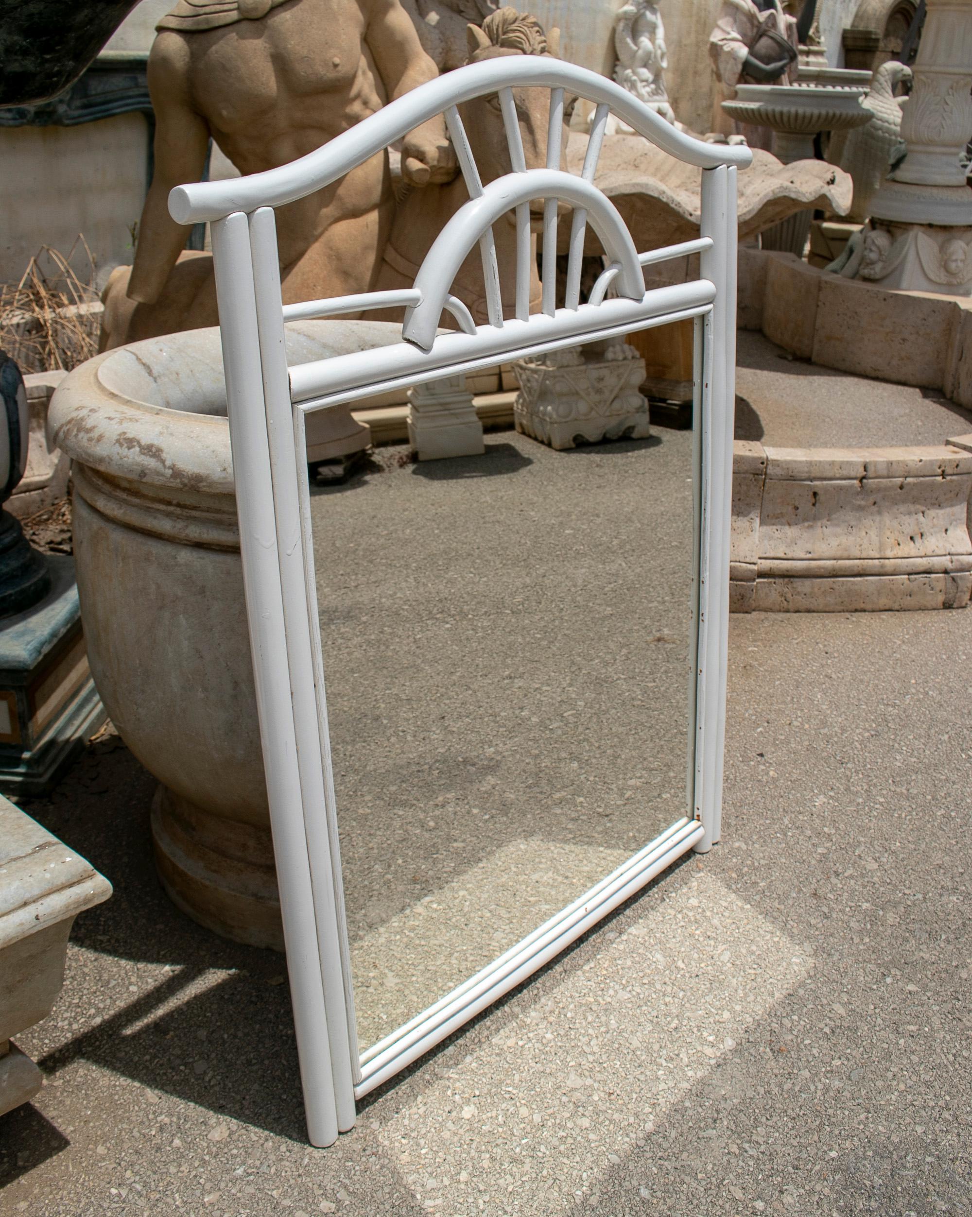 20th Century 1970s Spanish White Bamboo Wall Mirror For Sale