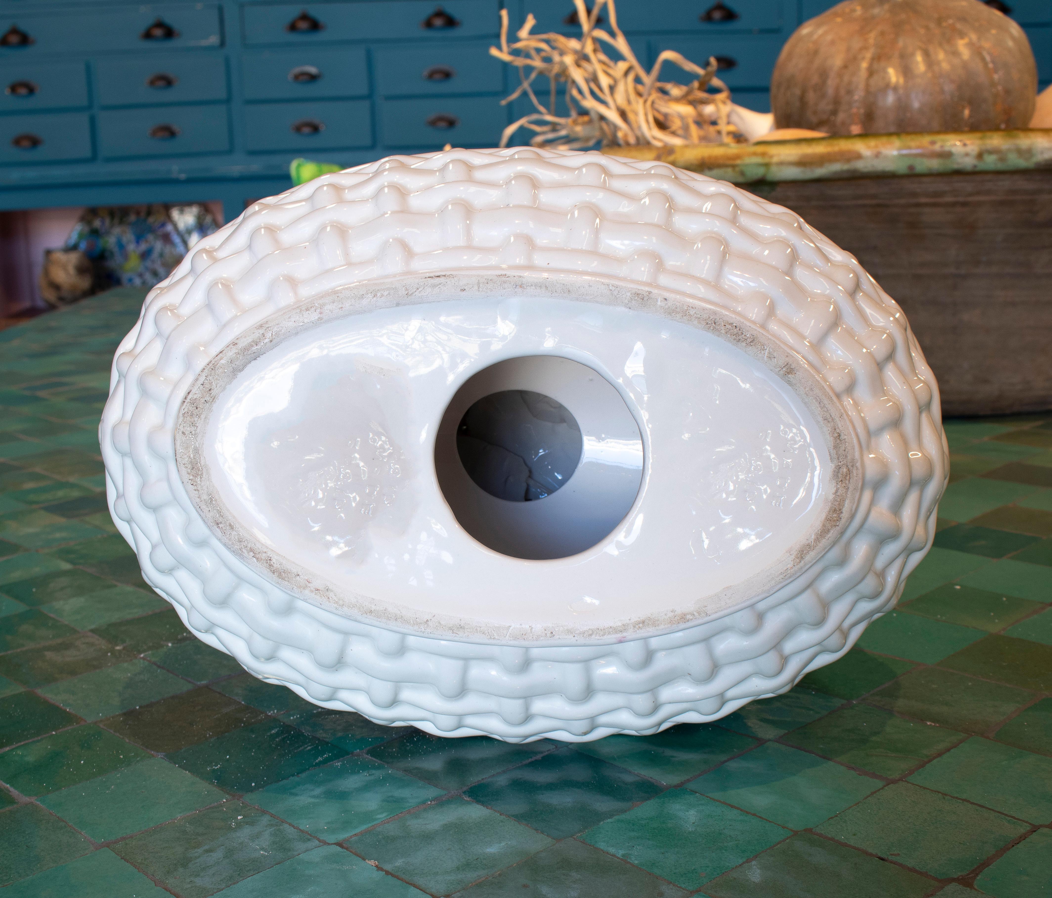 Ceramic 1970s Spanish White Glazed Manises Pottery Fruit Basket Centerpiece