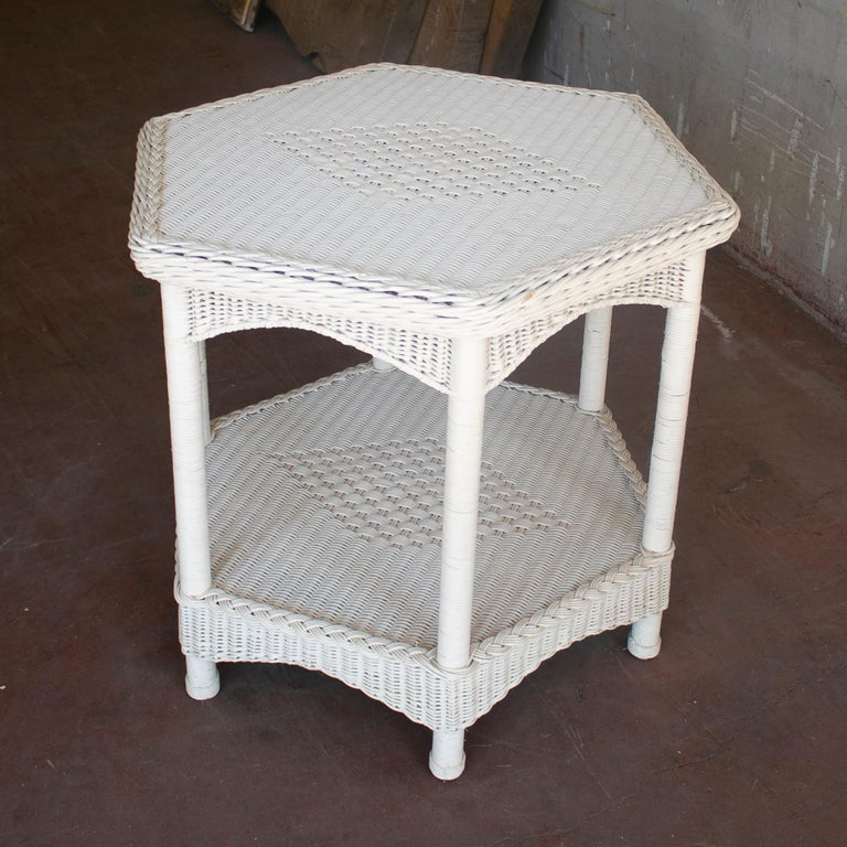 1970s Spanish White Octagonal Wicker Side Table For Sale at 1stDibs