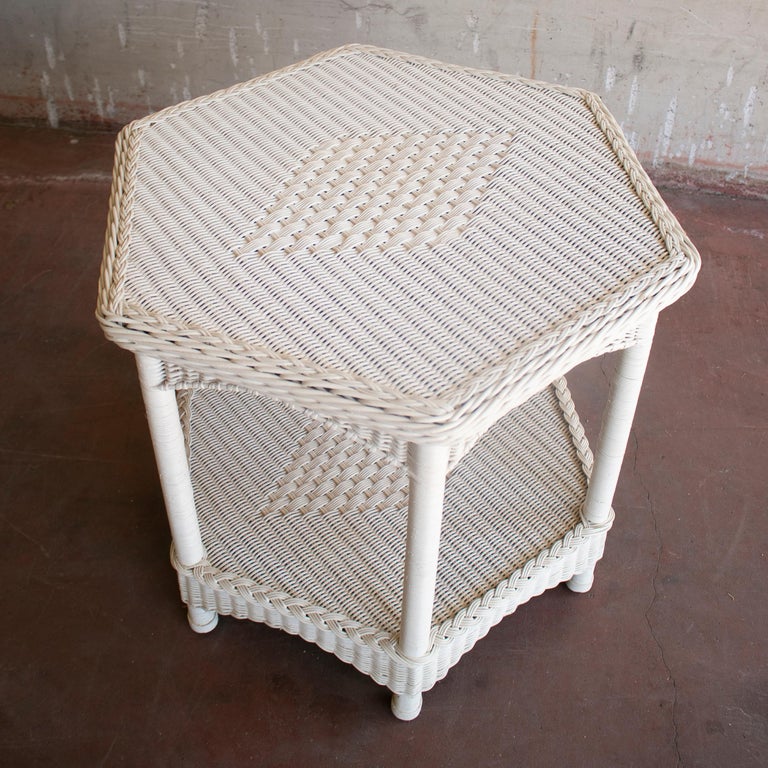 1970s Spanish White Octagonal Wicker Side Table For Sale at 1stDibs
