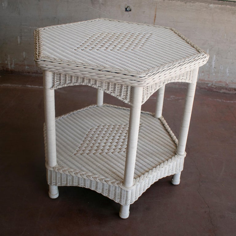 1970s Spanish White Octagonal Wicker Side Table For Sale at 1stDibs